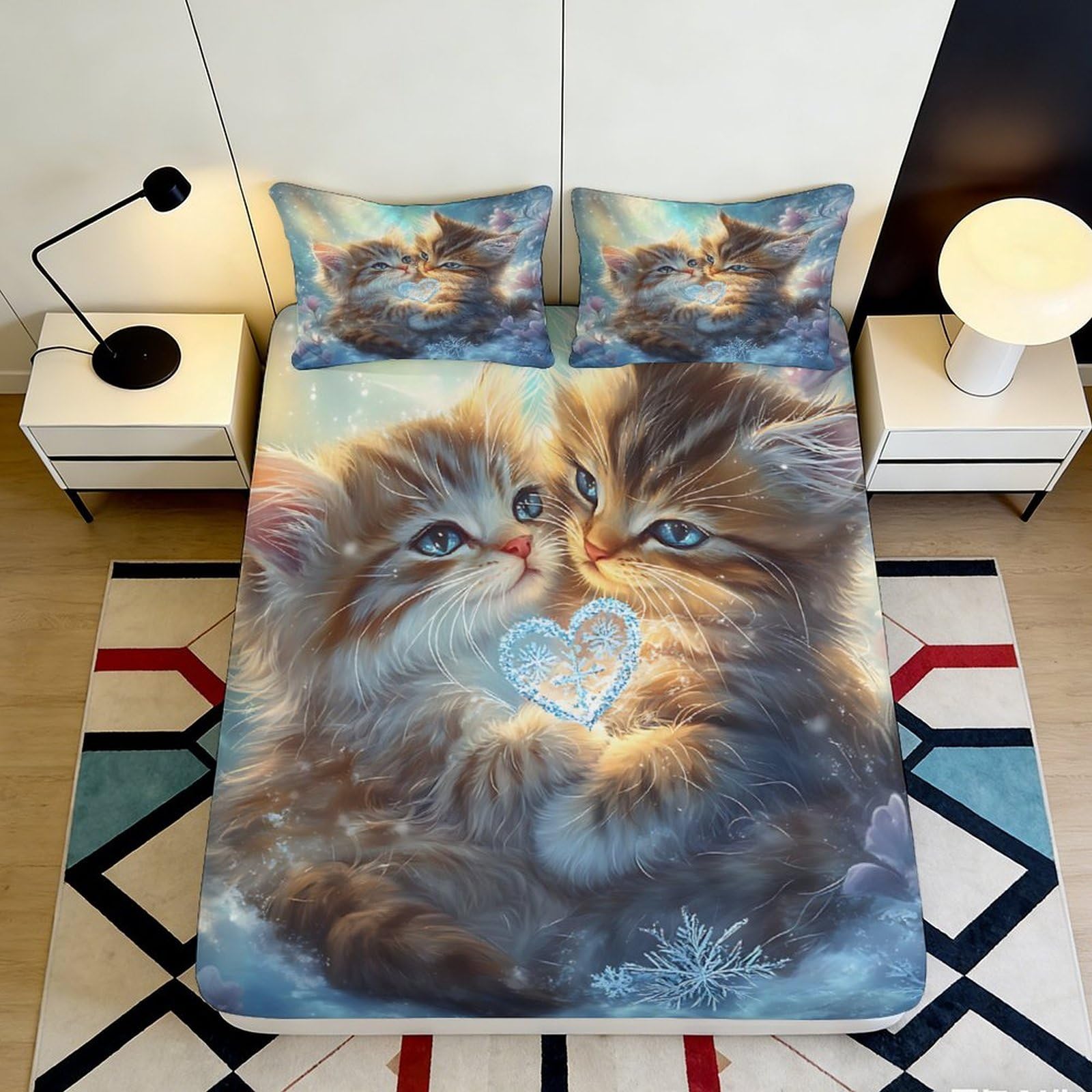 Jqzkxnhpbr Style-9 3D Printed Cute Cat Fitted Sheet Microfiber Soft Breathable Heart Pattern Mattress Cover For Bedroom Guest Room Decor 90X200x25cm