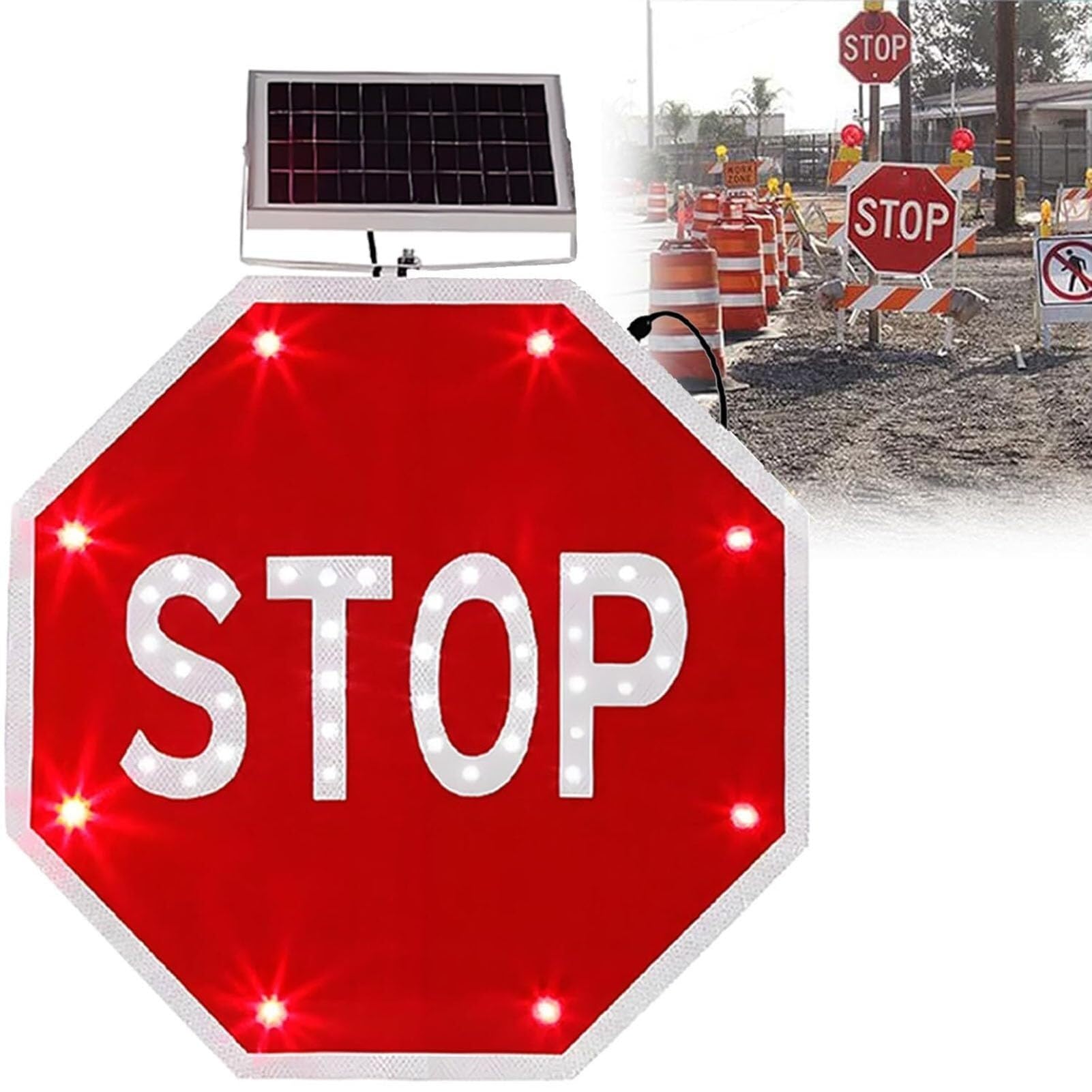 Señal de alto con energía solar de 24"/30" con película reflectante de grado industrial Señales de seguridad vial con luces LED intermitentes Para calles carreteras(Always on,30inch)