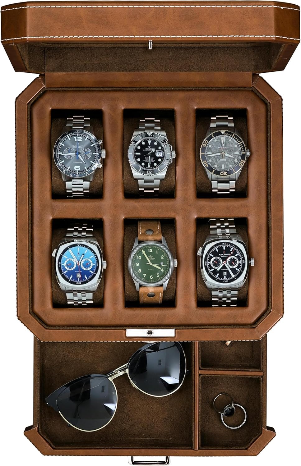 6 Slot Leather Watch Box with Valet Drawer