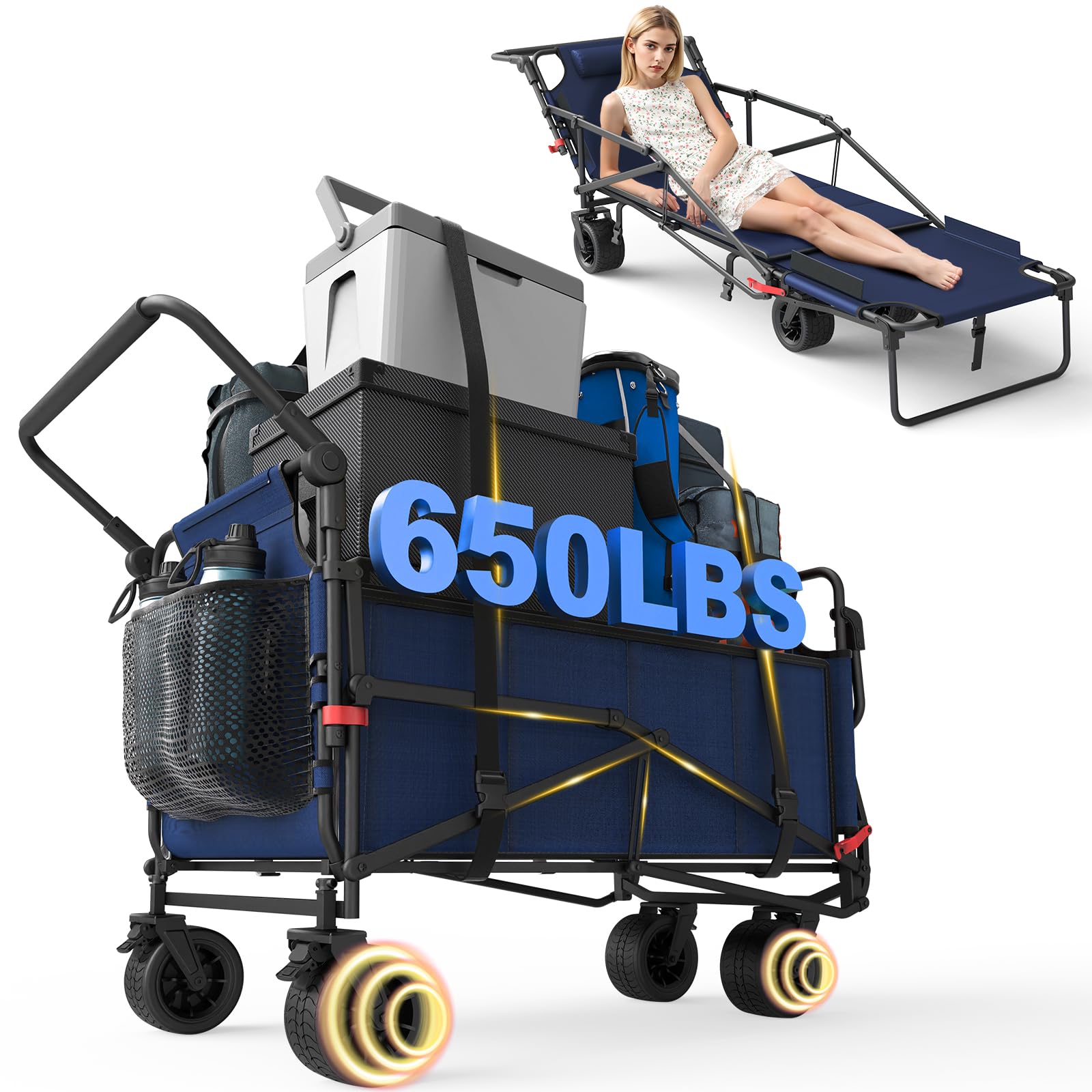 LEVELEVE Heavy Duty Folding Wagon - 2-in-1 Collapsible Cart, 650lb Capacity, All-Terrain Wheels w/Brakes & Side Pockets (Blue)