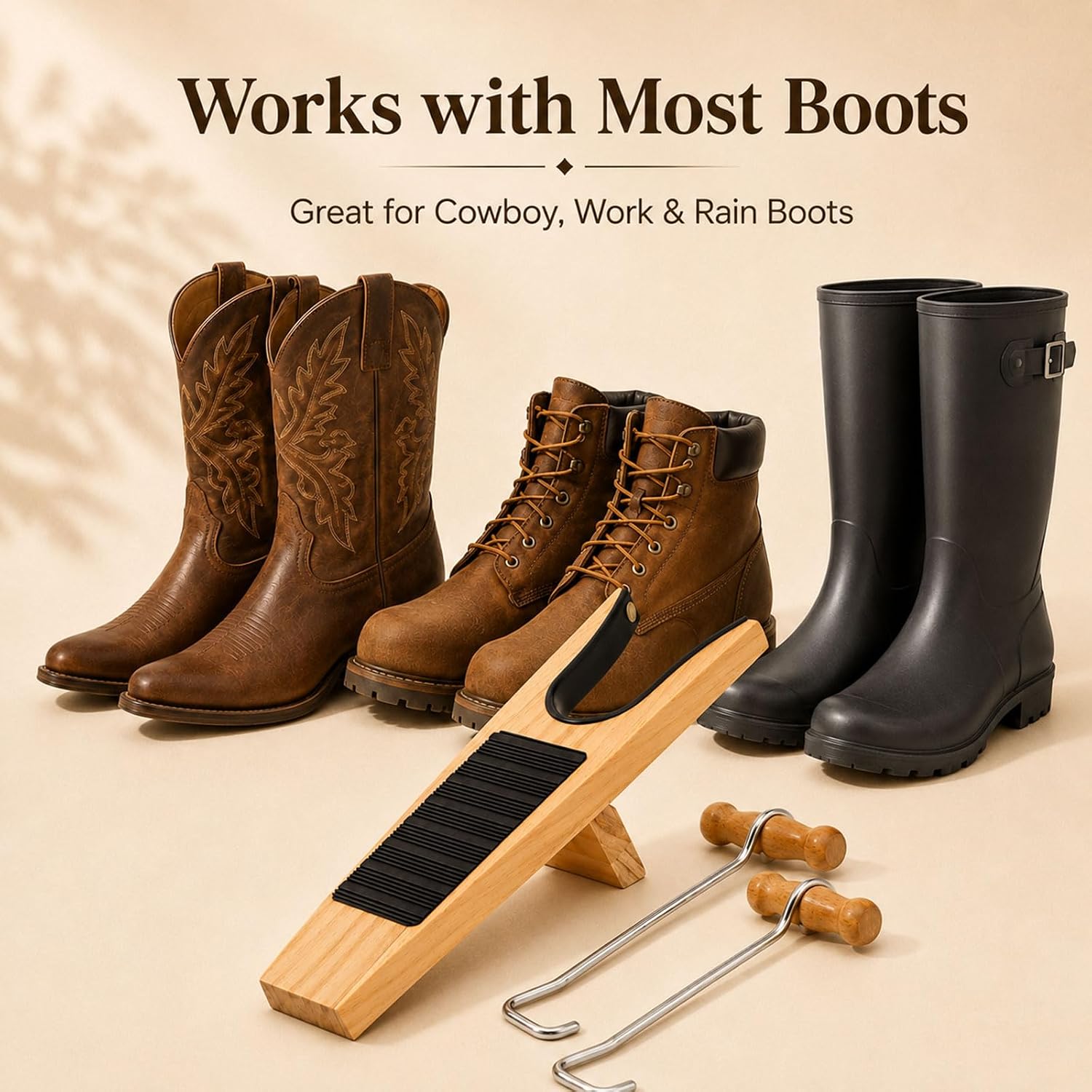 Boot Jack - Solid Wood Boot Remover for Cowboy Boots, Effortlessly Remove Work Boots & Waders Without Bending, Ideal for Men & Women Seeking Easy Boot Removal Solution at Home（with 2hooks）