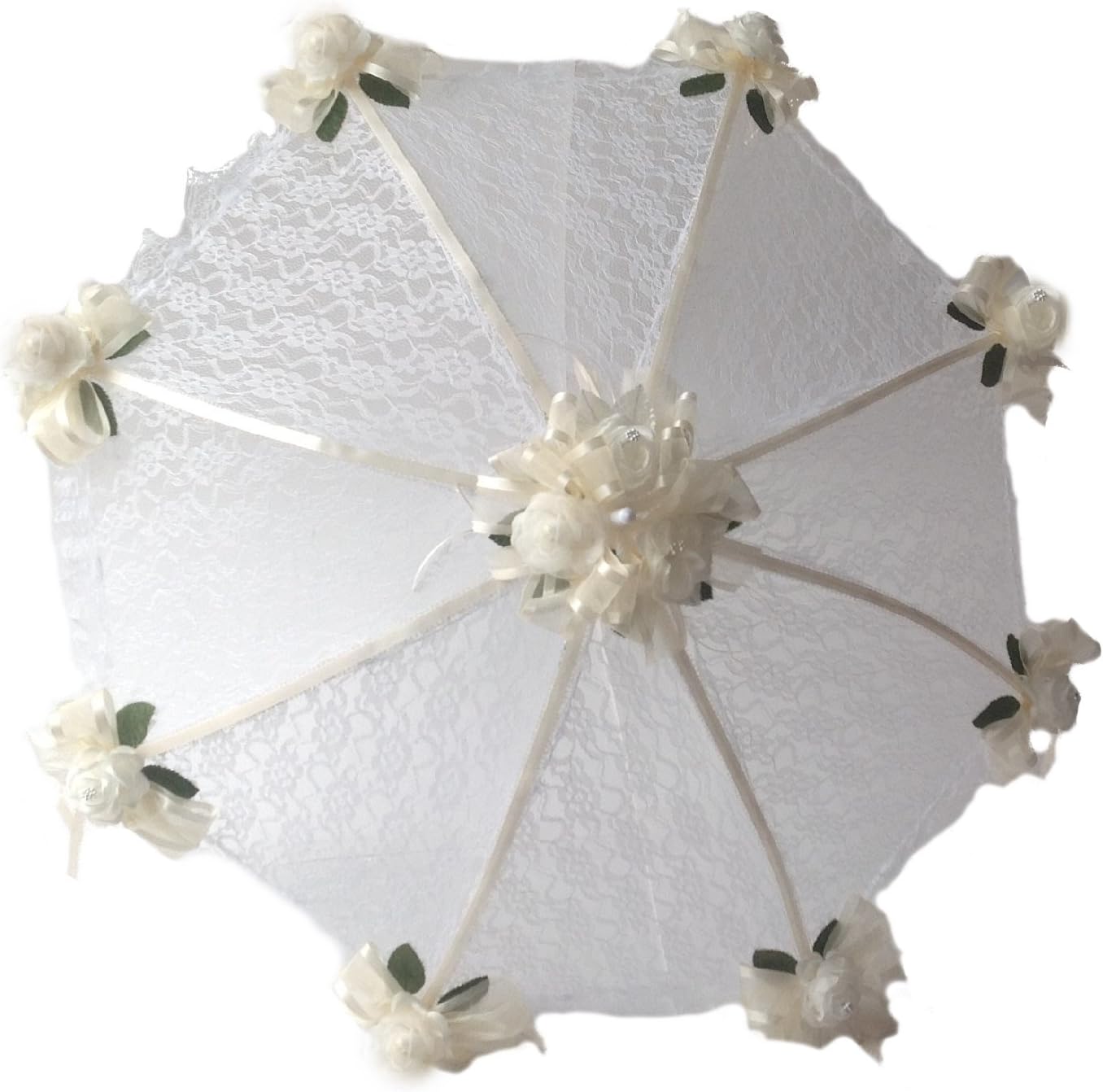 Decorated Bridal Shower Wedding White Lace Umbrella Parasol 36" Ivory Roses