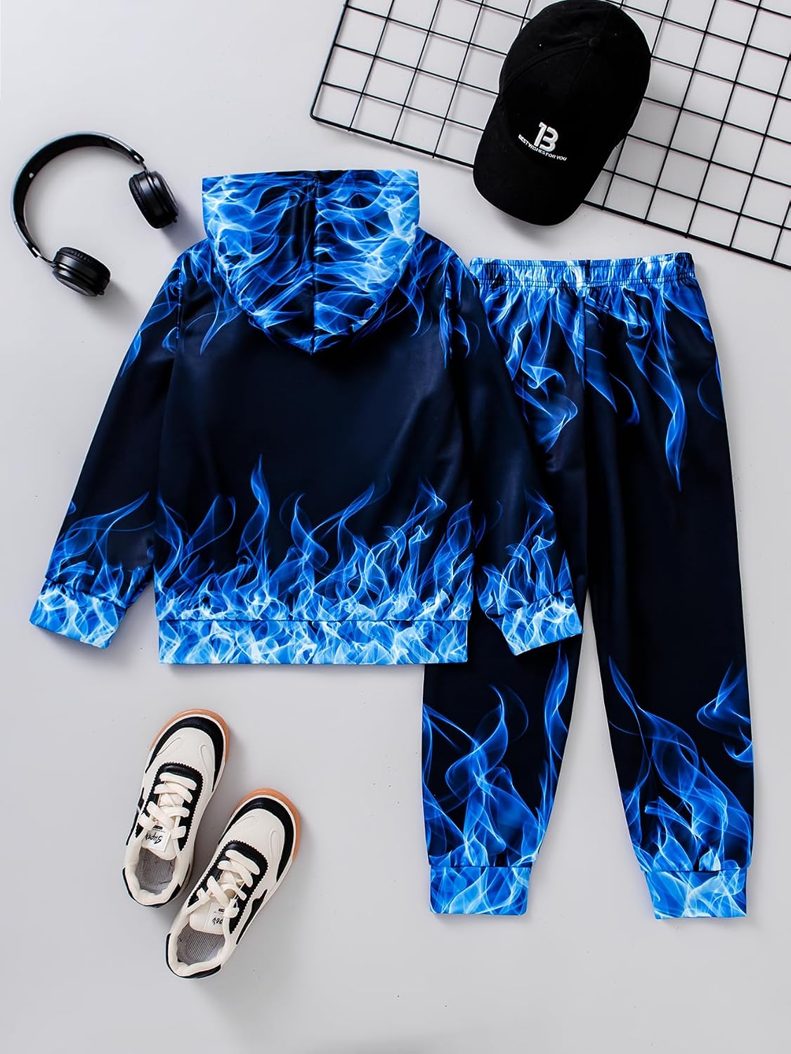 Boys Sweatsuits Two Pieces Pants Set 3D Fire Printed Hoodies Sweatshirt and Sweatpants Set Outfit Sets for Boy 5-14Y