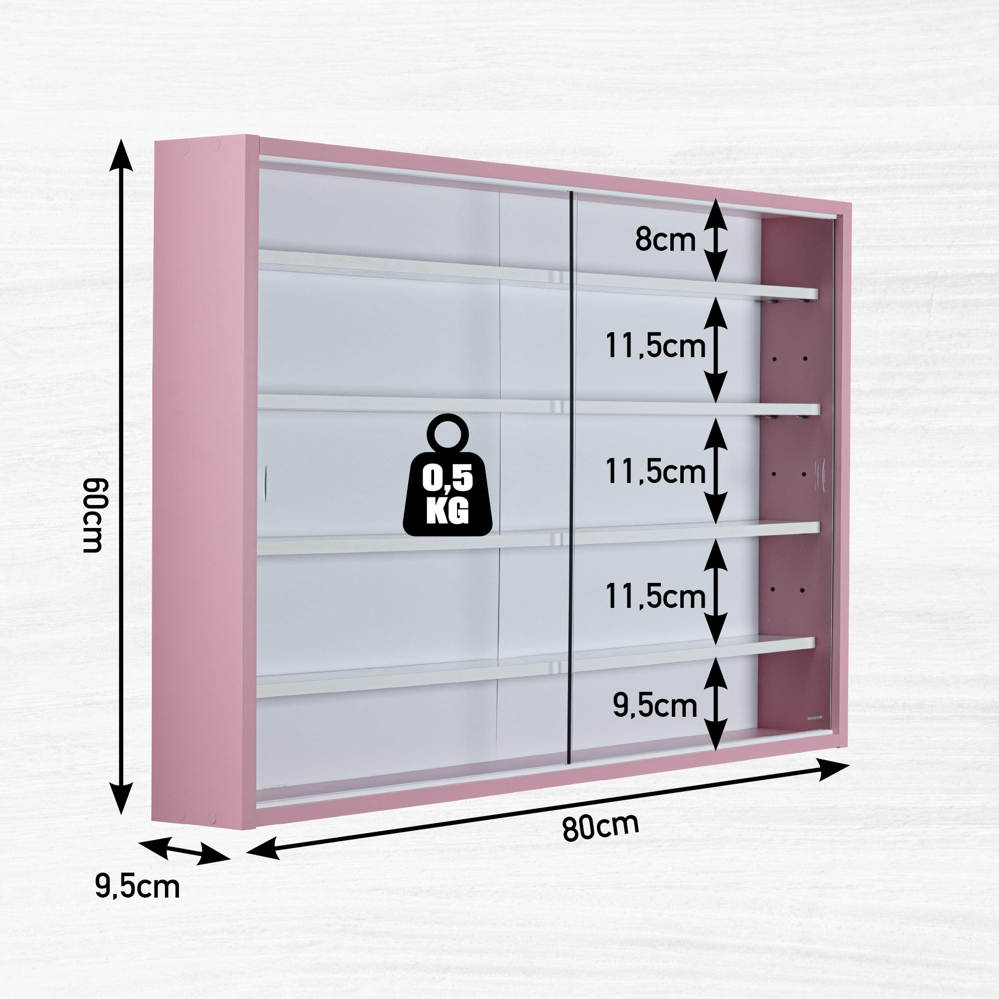 Inter Link - Espositore da parete per collezionismo in vetro Scaffale appeso Armadio con 4 ripiani 5 scomparti per miniature Pannello in MDF Rosa (80x60x9,5 cm) Pinkruby