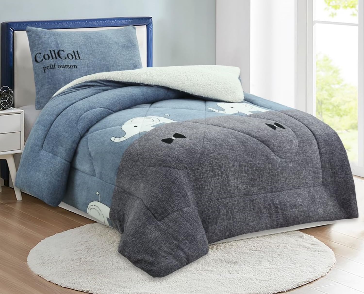 Manta para Cama Individual 90/105 con Una Funda Almohada, de Borrego Terciopelo Gruesa de Gran Volumen y Abriga para Tiempo Fría(Elefante, 160x220cm)