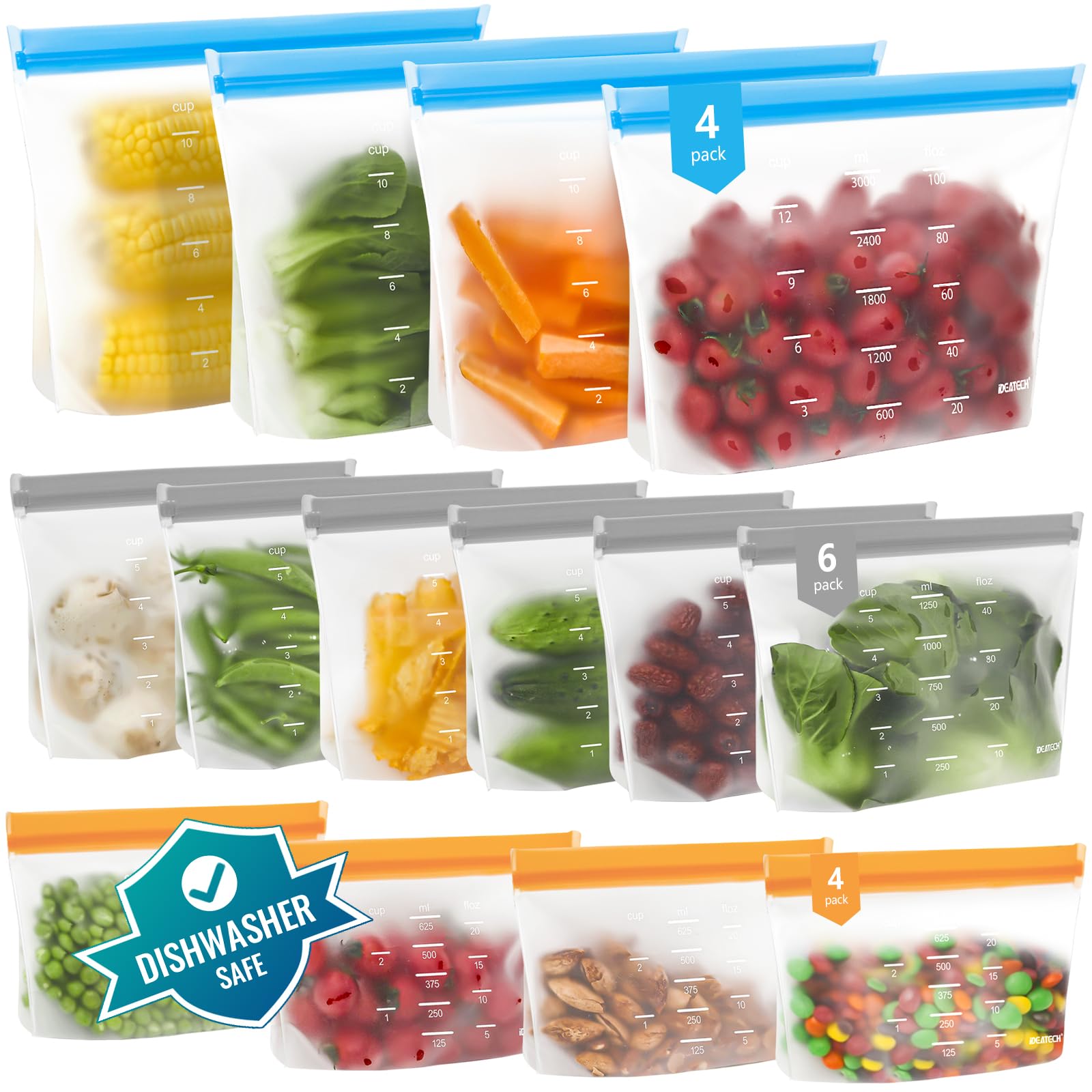 IDEATECH 14 Pack Dishwasher Safe Reusable Freezer Bags Silicone Stand Up BPA Free PEVA Leakproof Gallon Food Storage Ziplock Pouches Batch Cooking Sandwich Soup — image 1