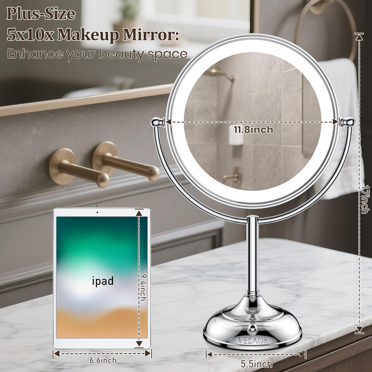 VESAUR Espejo de maquillaje iluminado extragrande de 30 cm de alto, 1X/5X/10X, espejo de aumento de 3 lados con 96 LED, 3 luces regulables de color, espejo giratorio de 360°, caja de regalo de lujo de