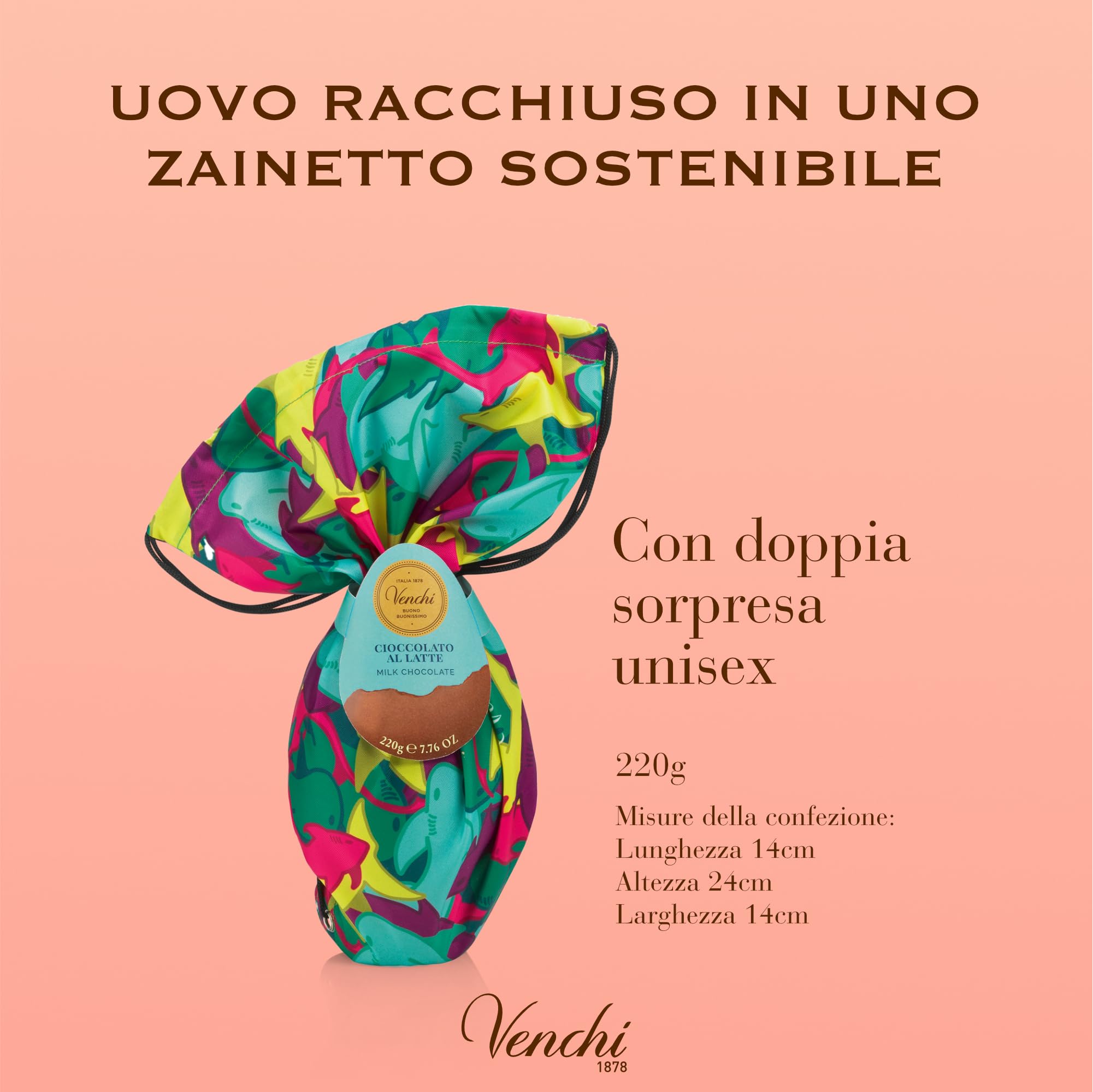 Venchi - Uovo di Cioccolato, Gusto Cioccolato al Latte, con Sorpesa e Zainetto per Bambini e Teen, Senza Glutine, 220 gr, Collezione Pasqua, Idea Regalo
