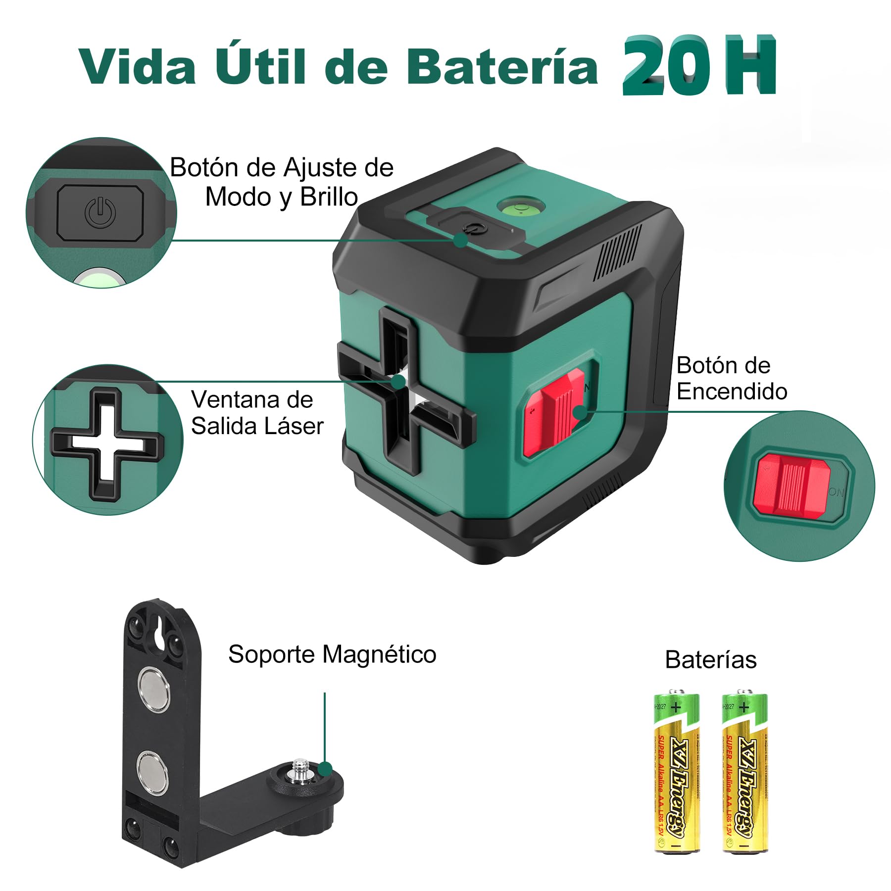 HYCHIKA Nivel Láser Autonivelante 15M, Nivel Laser Verde Ajustable con 3 Niveles de Brillo, Laser Autonivelante Uso Interior y Exterior, Soporte Magnético 360° Rotación 2 Batería Incluida