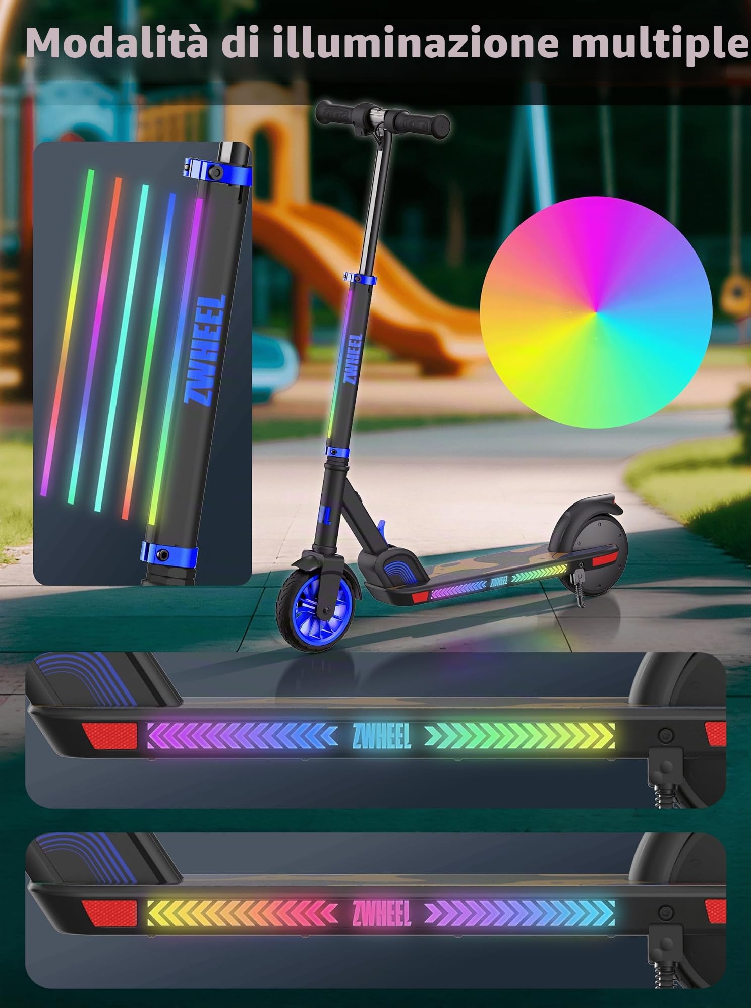 ZWHEEL ZTOY SUPERKID | Monopattino elettrico per bambini e ragazze - Altezza regolabile - fino a 70 kg - 150 W, 10 km autonomia, 19 km/h, luci RGB, doppio freno - ruote antiforatura (blu)