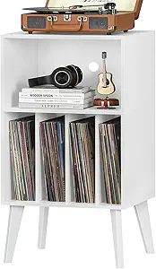 Lerliuo Record Player Stand, White Turntable Stand Holds up to 160 Albums, Mid-Century Vinyl Storage Cabinet Table with Solid Wood Legs, Record Player Holder Dispaly Shelf for Bedroom Living Room