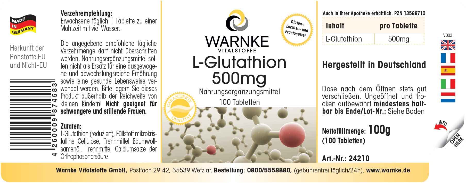 warnke l glutathione 500mg L-Glutathione 500mg - 100 tablets - Vegan - Reduced Forne