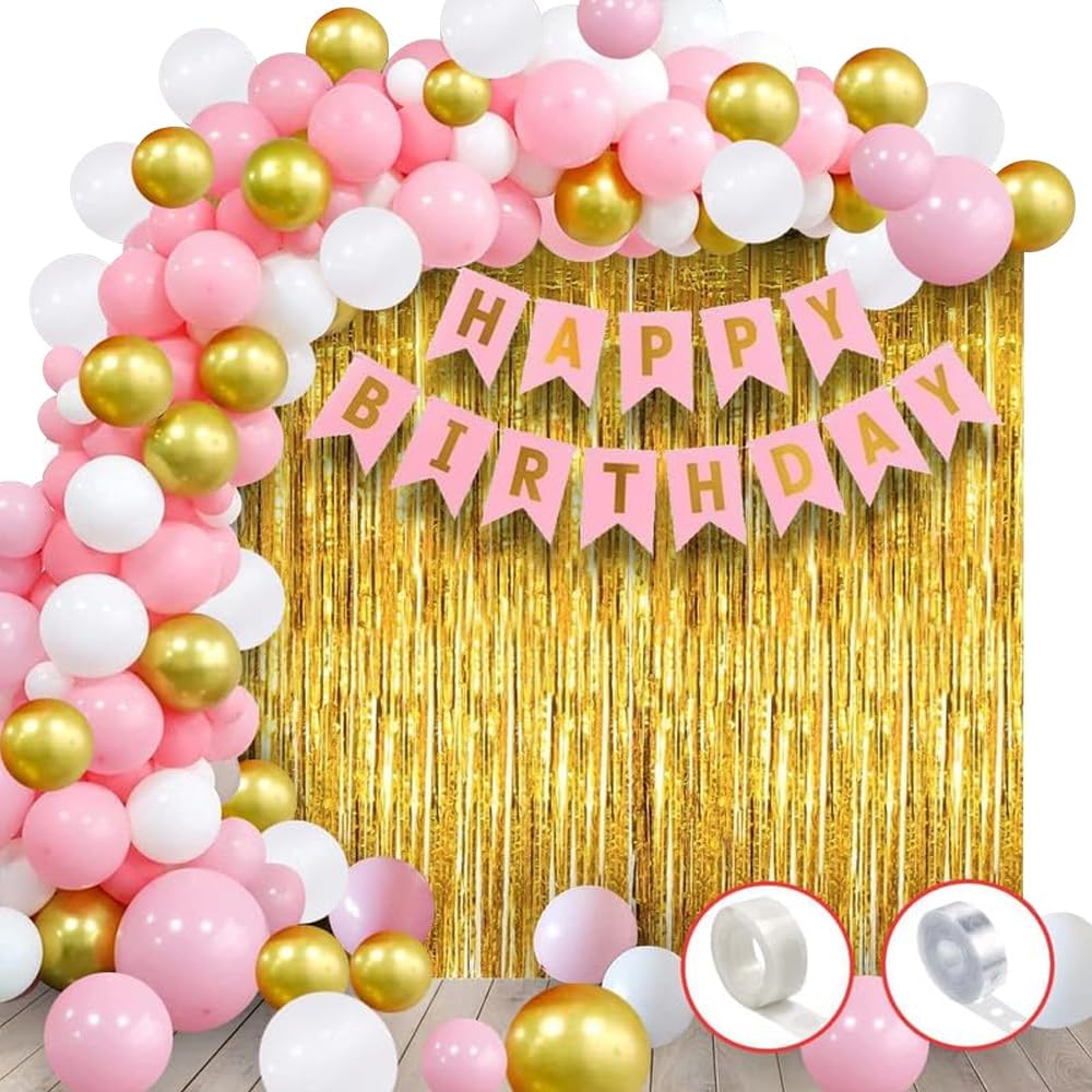 Party Propz Birthday Decoration Kit For Girls - 93Pcs, Pink Birthday Decoration Items For Wife, Pink Metallic Balloons For Celebrations, Banner And Gold Fringe Curtains