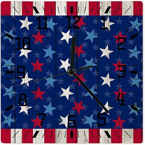 4th of July Wooden Wall Clock Silent Non Ticking, Rustic Independence Day Star on Wood Patriotic Square Wall Clock Battery Operated, Decor Clock for