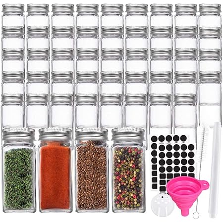 48 Pack 4 oz 120 ml Clear Glass Spice & Salts Jars Bottles, Square Glass Seasoning Jars With Aluminum Silver Metal Caps and Pour/Sift Shaker Lid. 1 Pen,80 Black Labels and 1 Fold able Wide Funnel.