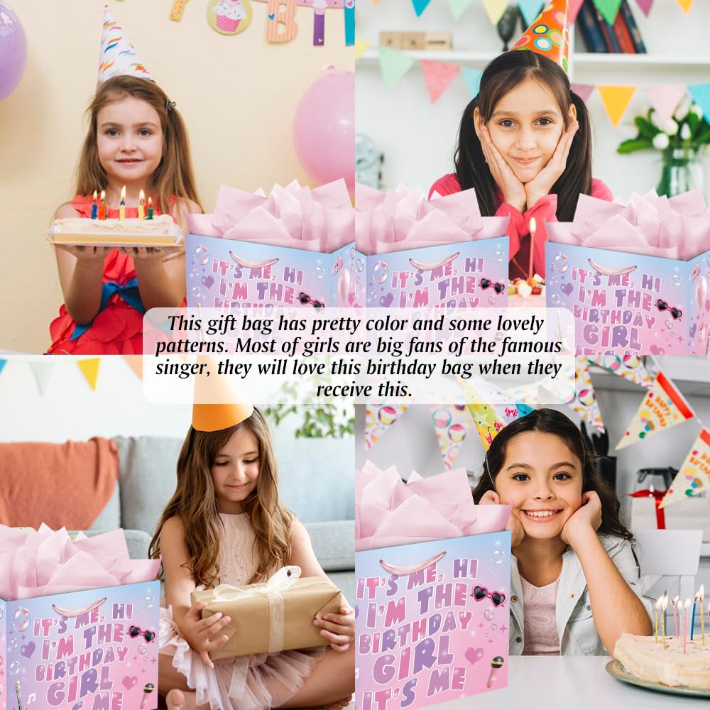 Eaureum It's Me Hi I'm The Birthday Girl Gift Bag for Girls, Purple Pink Blue Birthday Gift Bag Party Decorations for Girls Daughter Granddaughter Friends