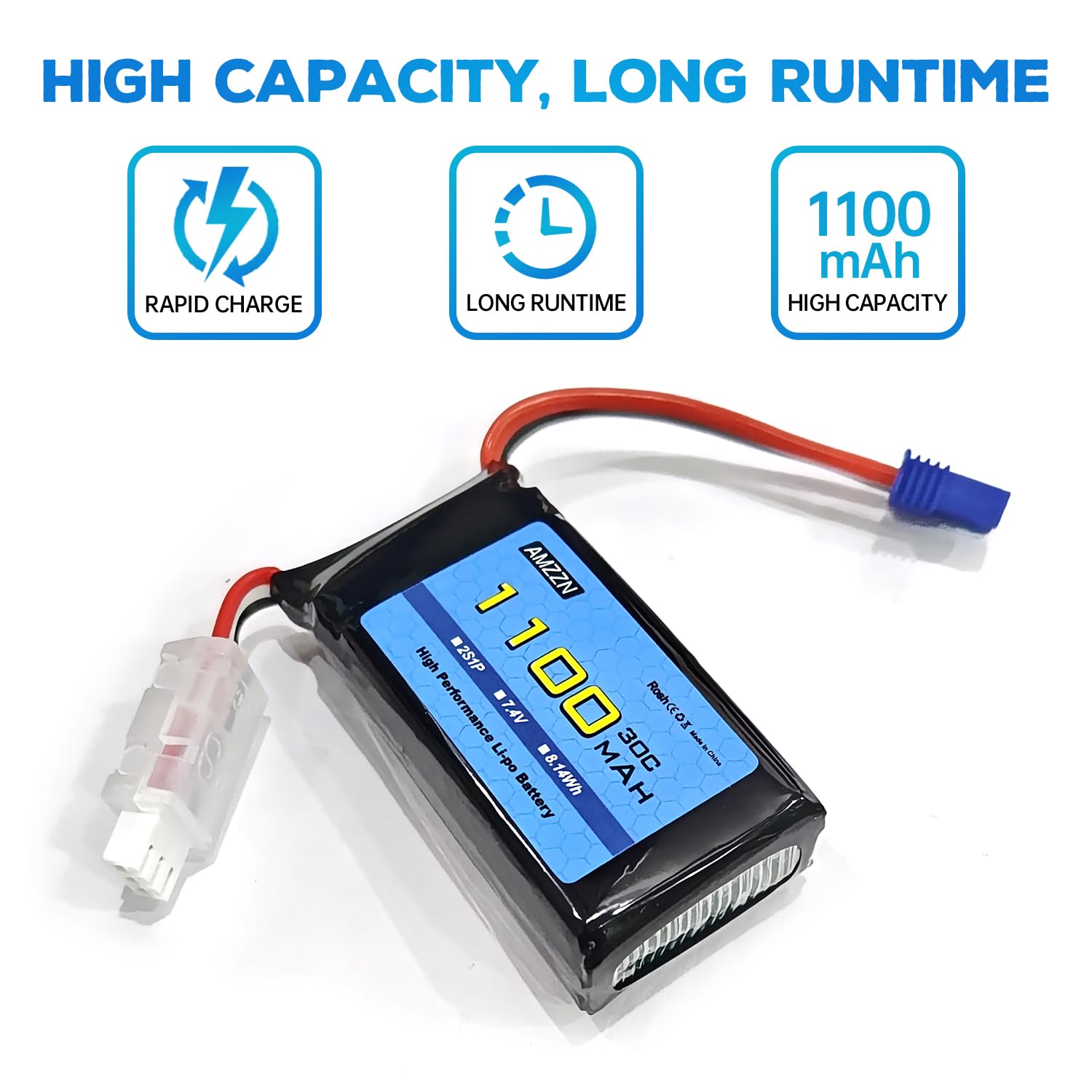2 Stück 7,4V 1100mAh 2S Lipo Akku EC2 Stecker mit Ladegerät 2-in-1 geeignet für UTB18 RC Fahrzeuge, Ersatzbatterie für Geländefahrzeuge mit Allradantrieb, Hochleistungsbatterie