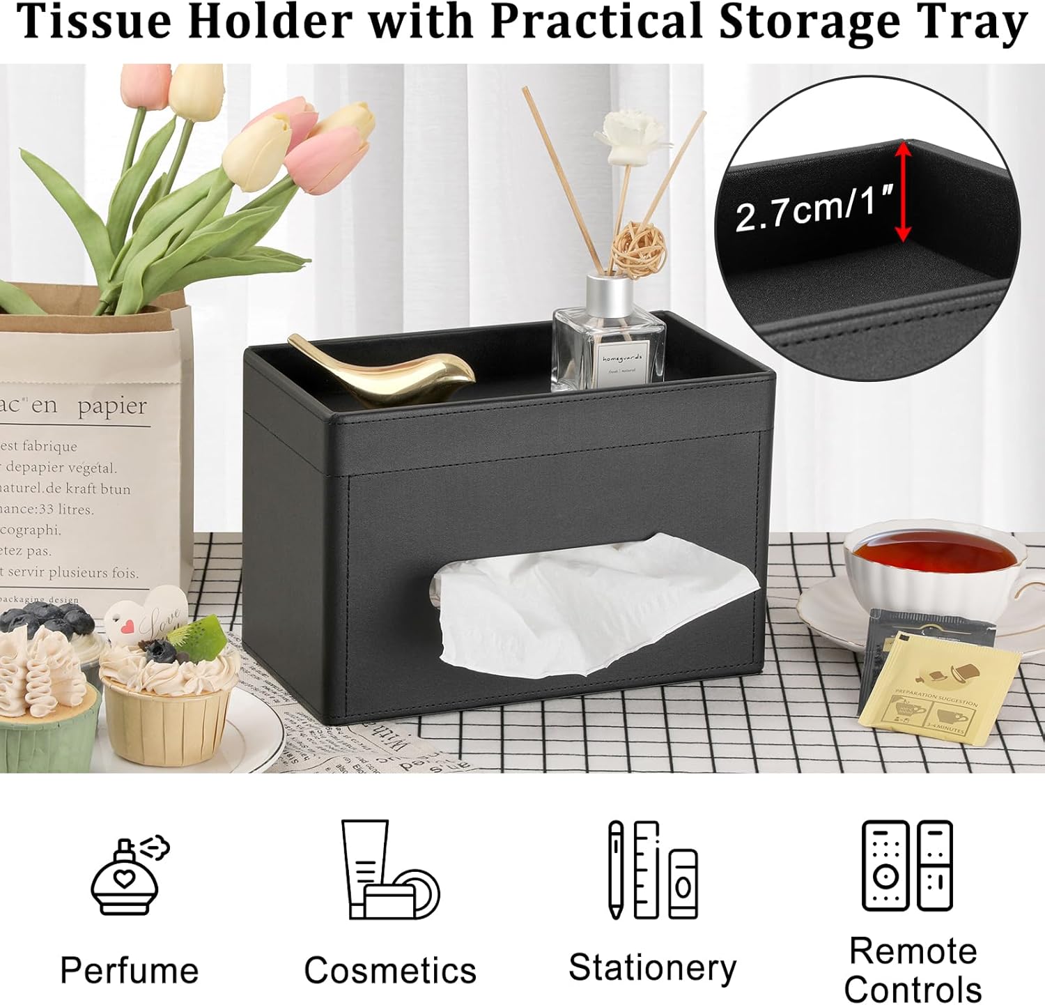 Sumnacon Tissue Box Cover with Storage Tray, Decorative Rectangular Tissue Holder PU Leather Facial Tissues Organizer Stylish Modern Tissue Dispenser for Bathroom Toilet Tank Vanity Dresser Table