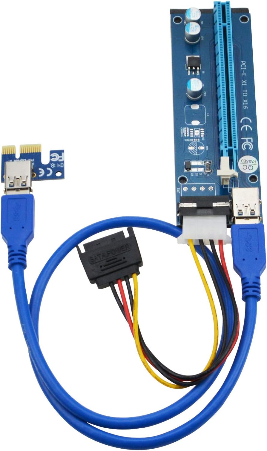 | 6-Pack | PCI-E 1x to 16x Powered Riser Adapter Card With 60CM High Speed USB 3.0 Cable, SATA to Molex 4-Pin Power Cable, Ethereum Mining ETH Miner Rig Cable, GPU Riser Adapter