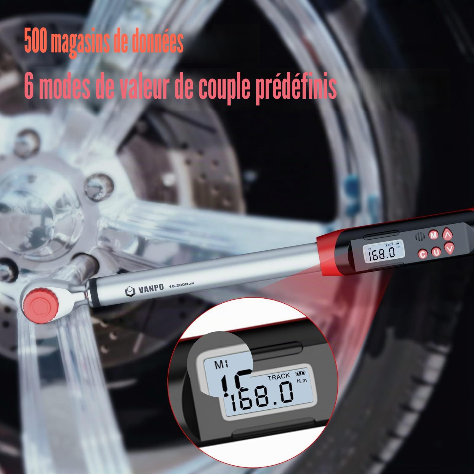 VANPO Clé Dynamométrique Numérique 1/2" 10-200 NM Électronique LED Buzzer