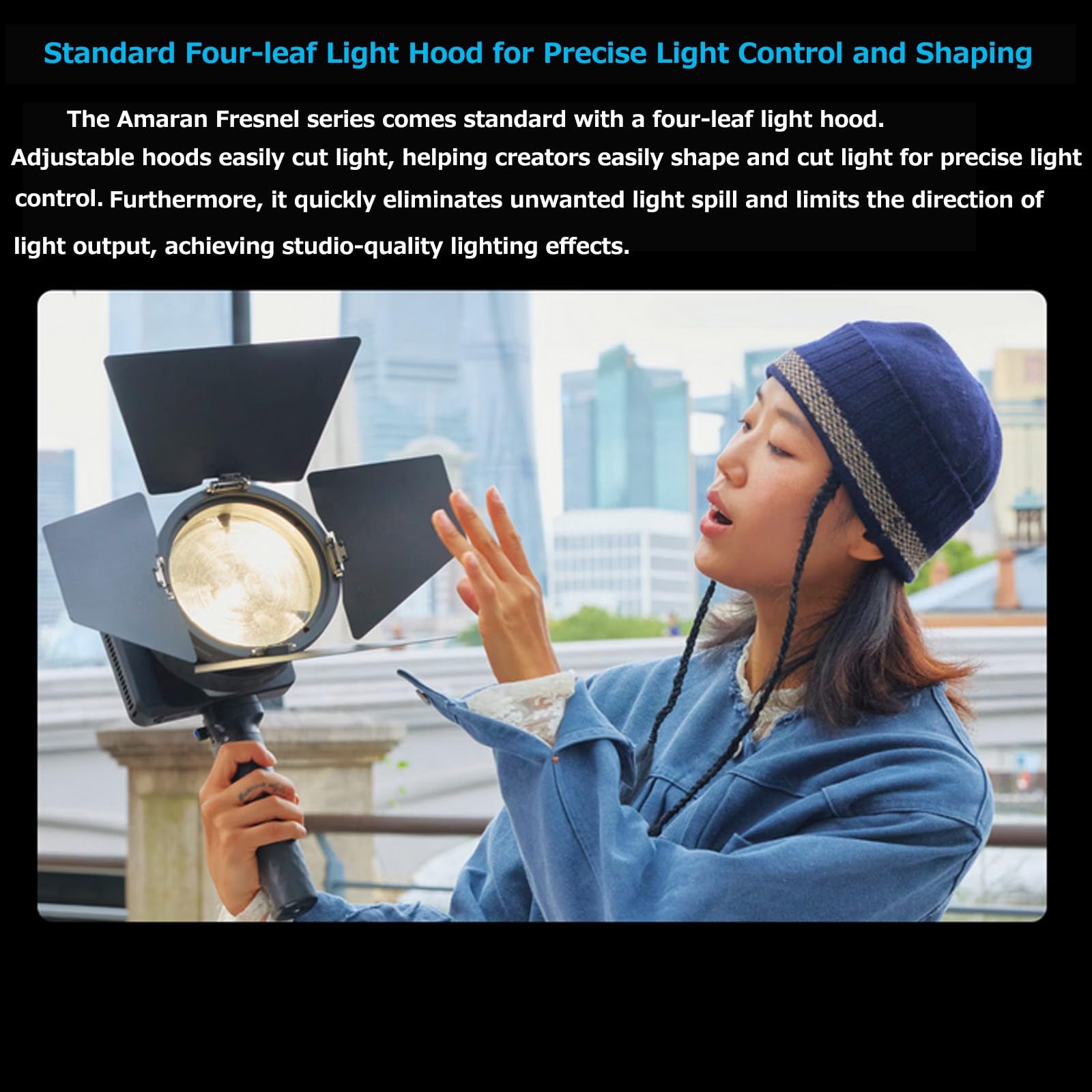 Modificateur de lumière Fresnel Amaran avec Volets à 4 vantaux réglables pour projecteurs LED Ray 360c et 660c Halo 600x 300x et Monture Bowens.