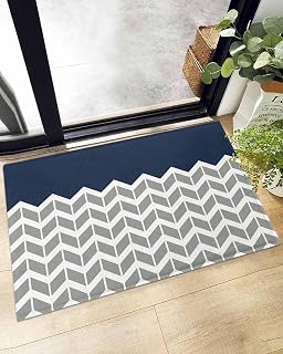 IDOWMAT Grey Stripes Chevron Navy Shag Bath Rug Soft Absorbent Area Rug Non Slip Shaggy Door Mats, Zigzag Ripple Abstract Geometric Bathroom Rugs Entrance Throw Rug for Bedroom,Living Room,24x35In