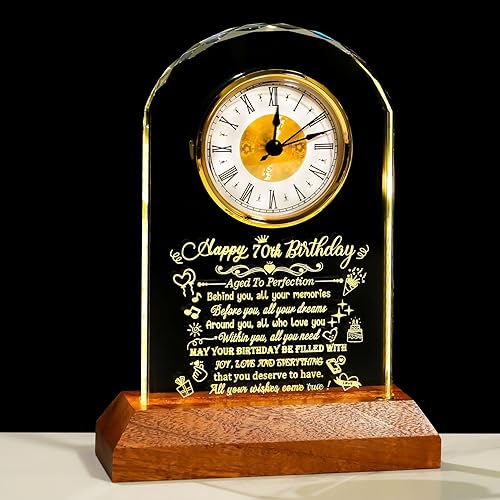 Miniatura 12 de Reloj de cristal de feliz cumpleaños 80 para hombres y mujeres, reloj de cuarzo con base de luz LED de madera, regalos de cumpleaños de 80 años para