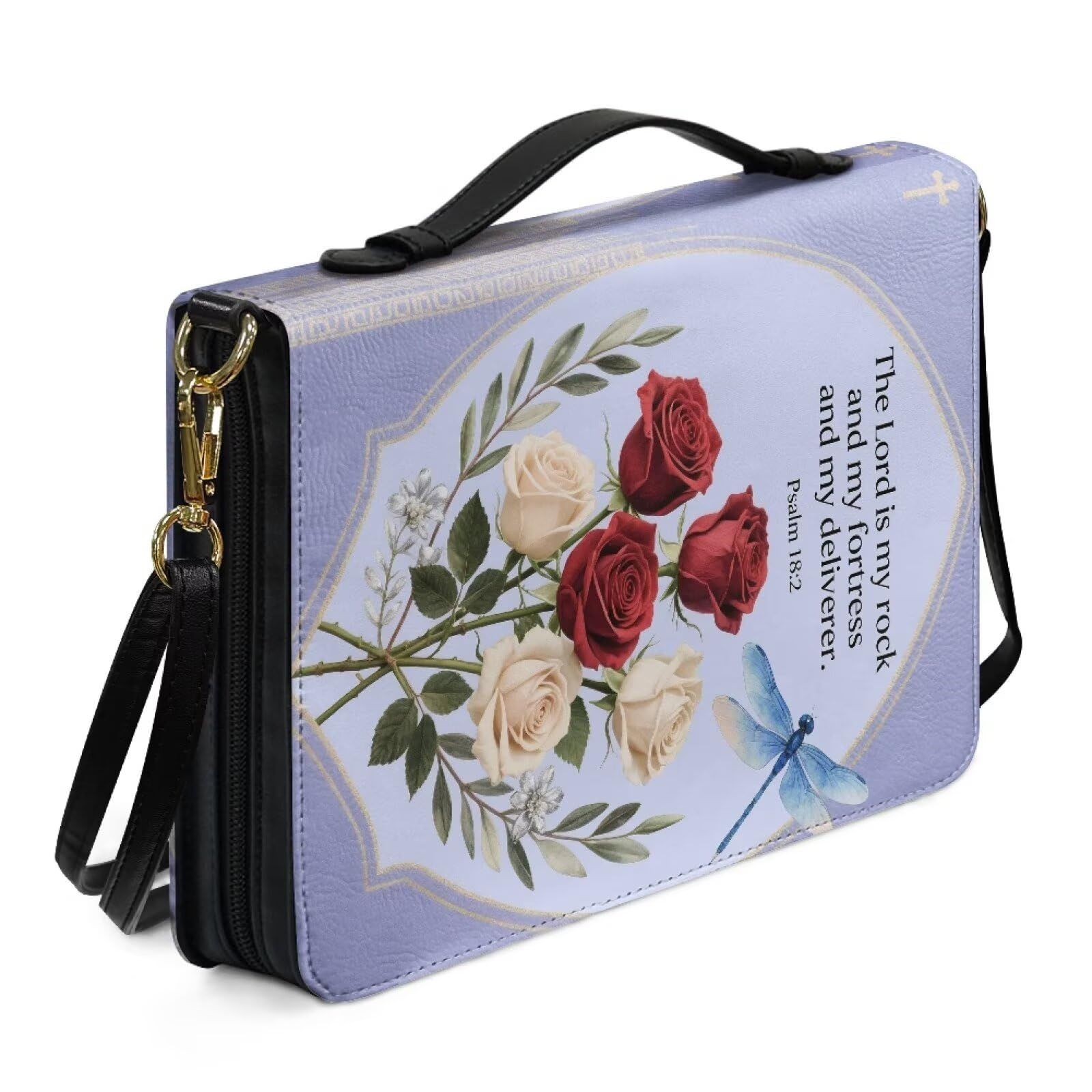 Kuiaobaty Lord Saying Bible Case Large Leather Book Bag with Zip, Rose Dragonfly Faux Leather Book Cover Church Handle Bags for Women,2XL