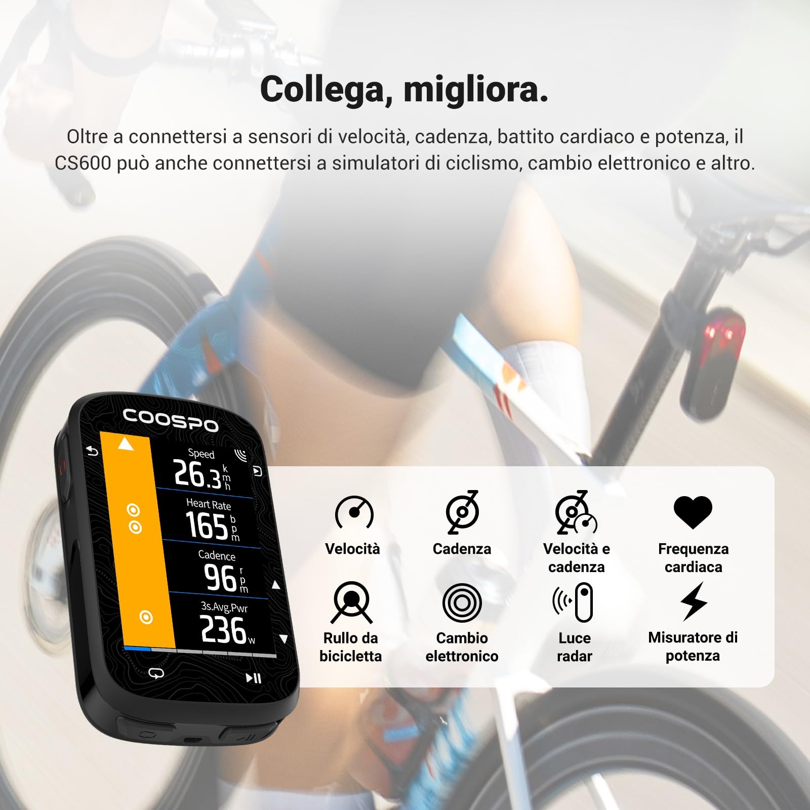 COOSPO Computer per bicicletta GPS con touchscreen colorato CS600, Bicicletta wireless impermeabile IPX7 con Bluetooth/ANT+, navigazione per percorso, supporta radar per bicicletta & autonomia 36H