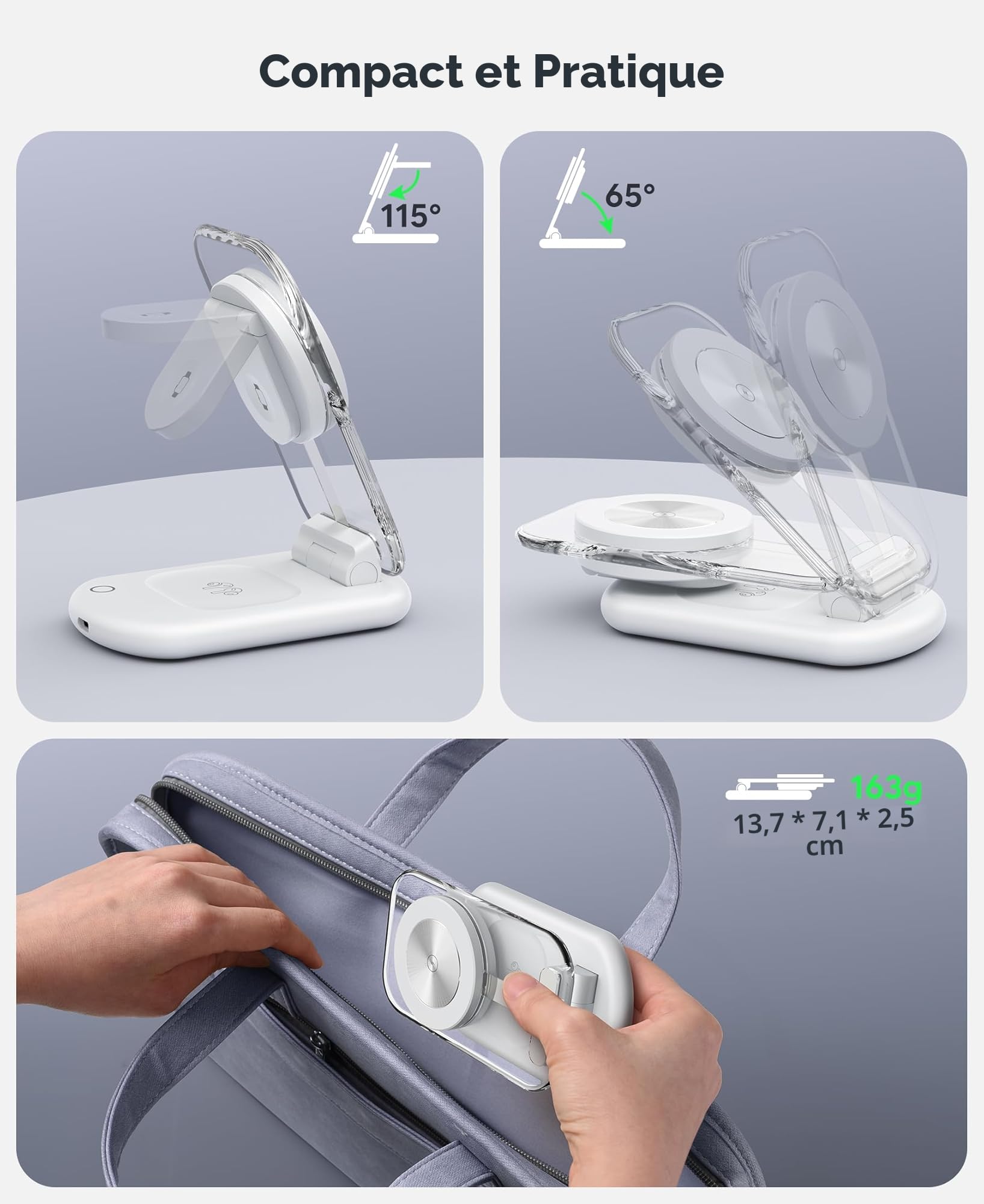 Chargeur Mag Safe, Station de Recharge Apple Watch et iPhone, 3 en 1 Compatible avec iPhone 17e 17 16 15 14 13 12 Pro Max/Air/Plus/Pro, pour Apple Watch 10/9, Airpods 3/2/Pro, Pliable, Blanc