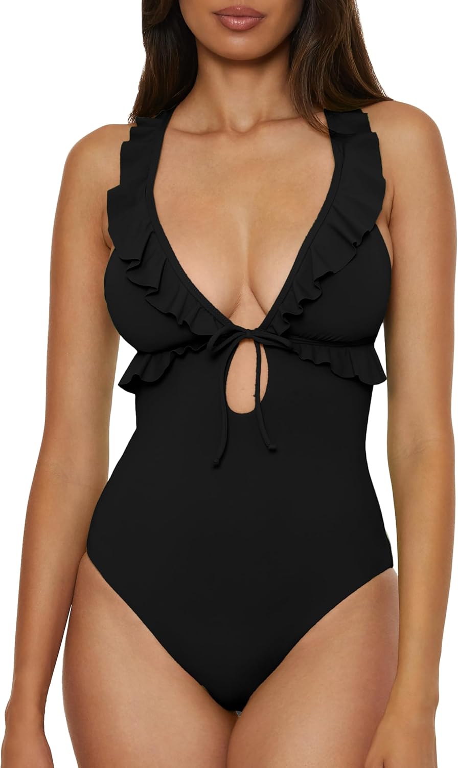 Lucky Brand Women's Sea of Love Ruffle One Piece Swimsuit, Plunge Neck, Bathing Suits for Women