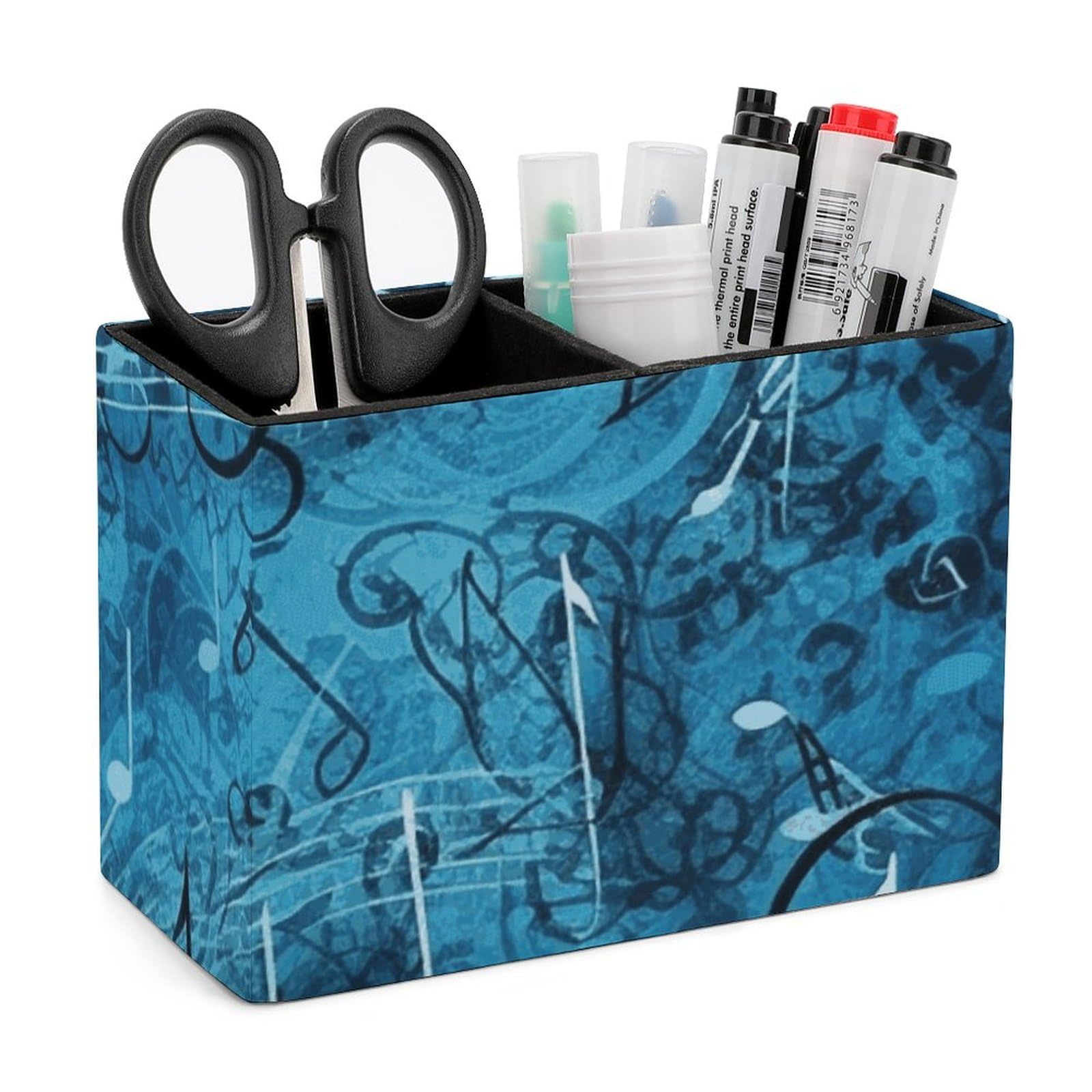 Porte-stylo en cuir bleu motif musique parfait pour organiser le bureau à la maison