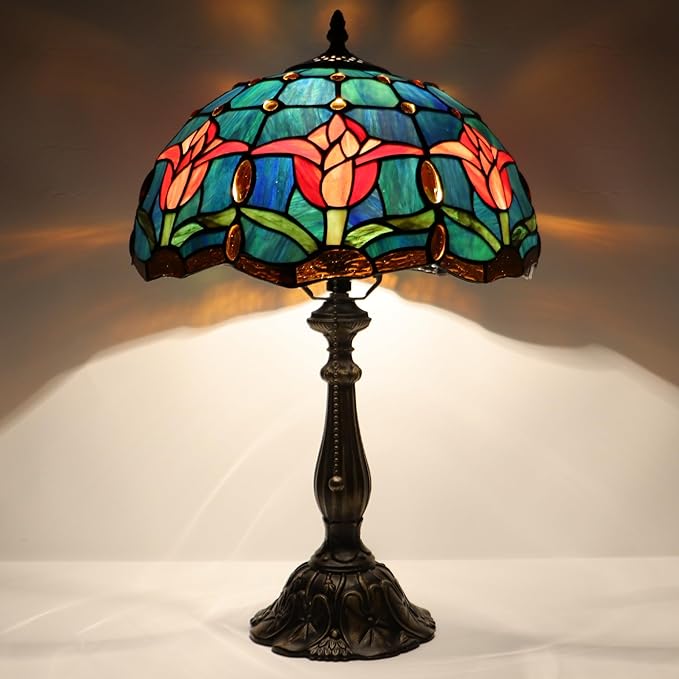 Tiffany Lamp Stained Glass Table Lamp Bedside Reading Light W12H19 Inches (Tulip Style)