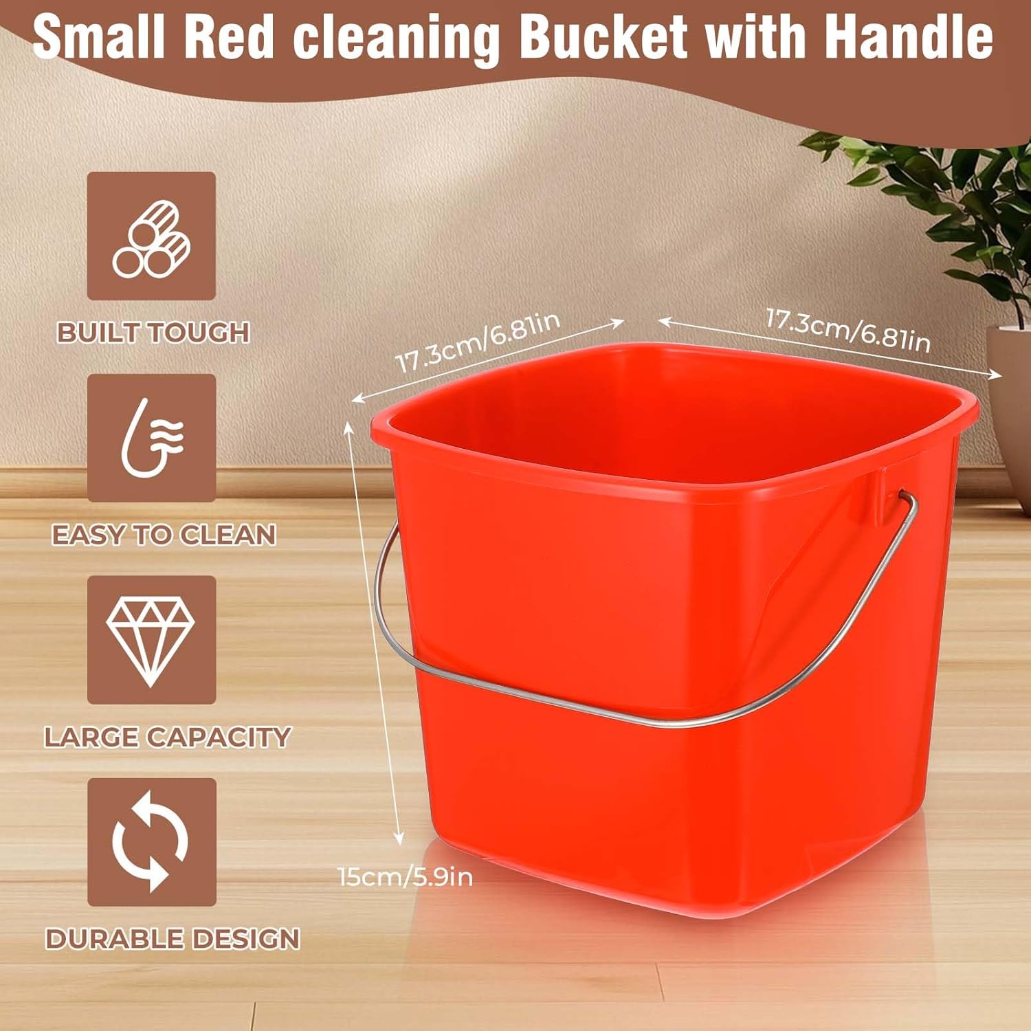 Kifmurase 6 Pcs 3 Quart Plastic Cleaning Bucket, Small Square Detergent Pail with Handles, Utility Bucket for Home, Office, Kitchen, School, Commercial Use,（Red）