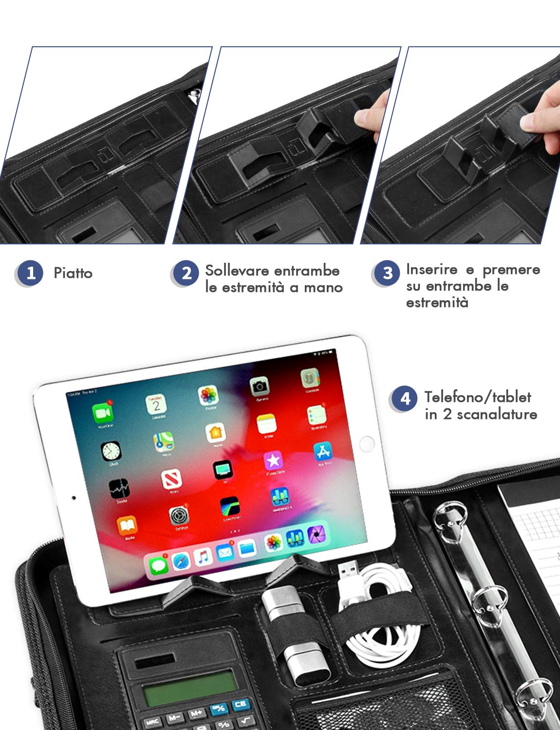 LOETAD Cartella Portadocumenti A4 con Cerniera Pelle Impermeabile Organizer da Viaggio con Portablocco Raccoglitore ad Anelli