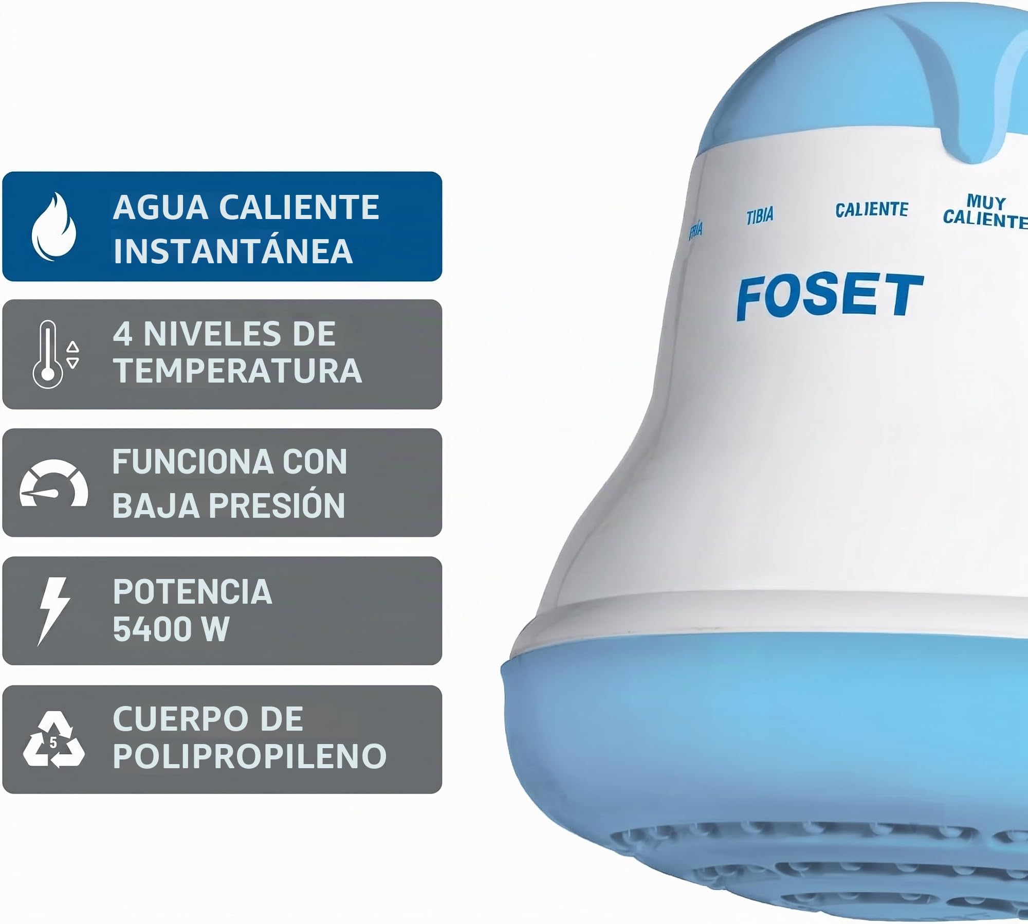 ducha eléctrica, 4 temperaturas, azul