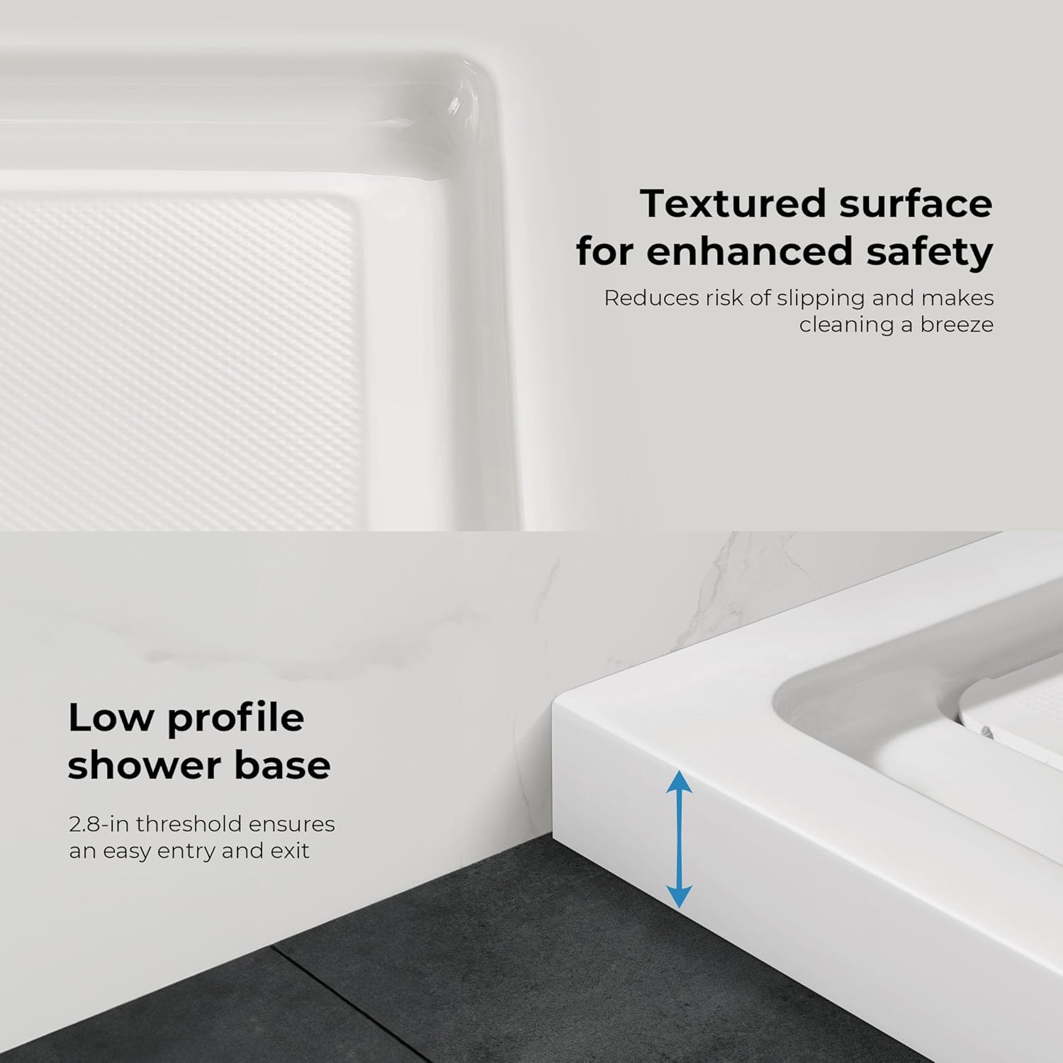 OVE Decors 54-in W x 36-in D Shower Base Pan Rectangle, Hidden Side Drain, White Acrylic, Reversible Design