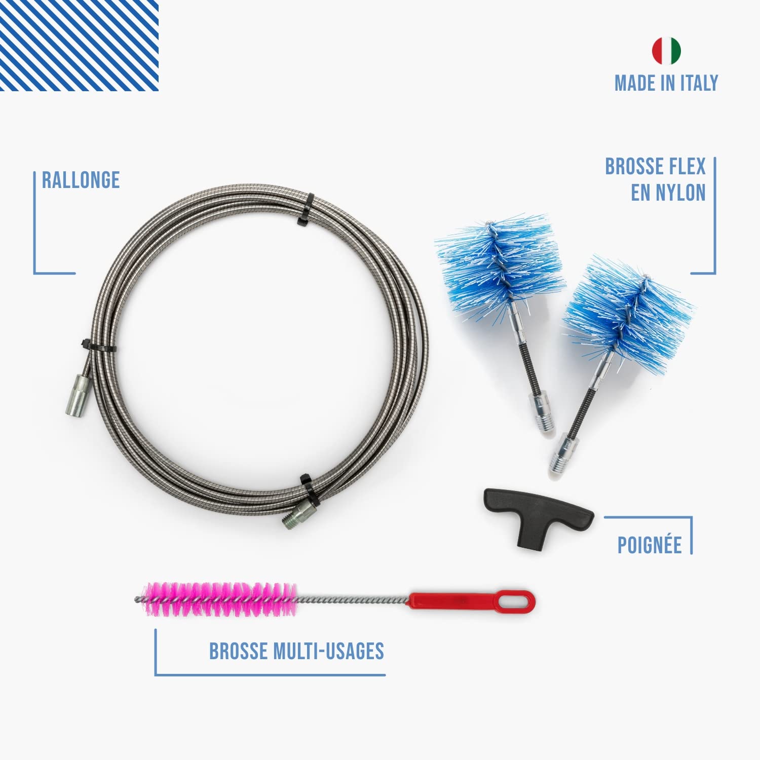 BARETTO Pro | Kit de ramonage poêle à granulés | Conduit de fumée Ø 80 + 100 mm | Longueur 9 m Premium | 2 hérissons articulés | Raccord M12 - 2