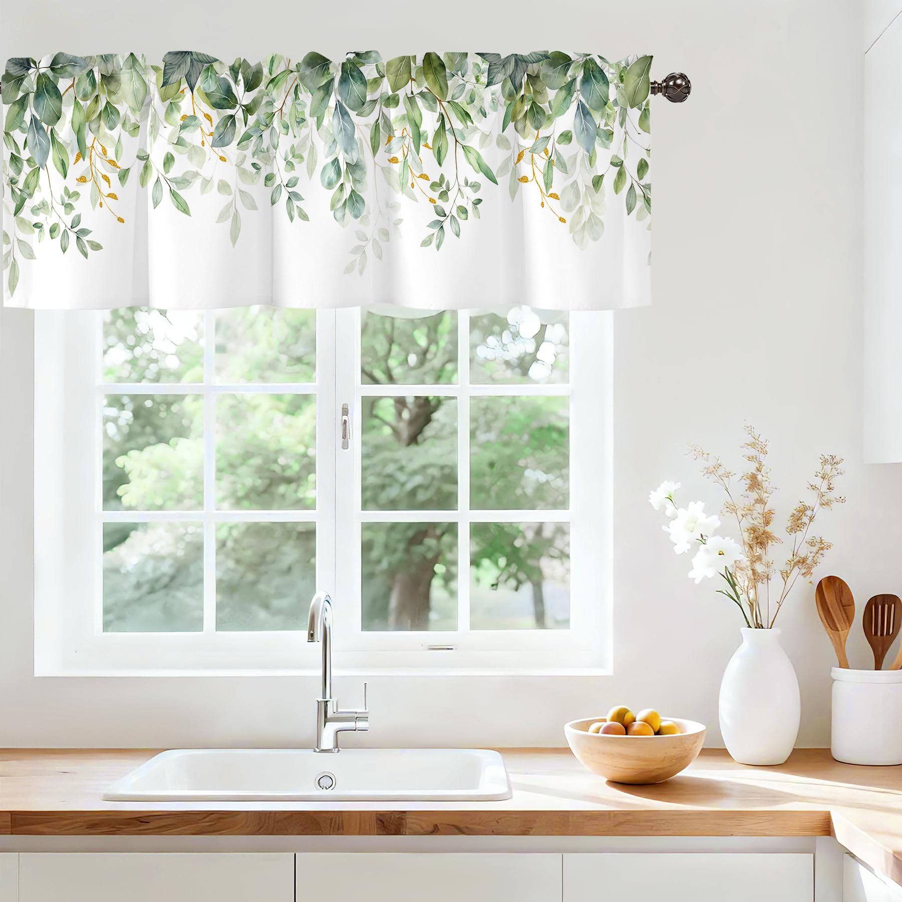 Green Eucalyptus Leaves Valances for Windows, Rod Pocket 42x12 in