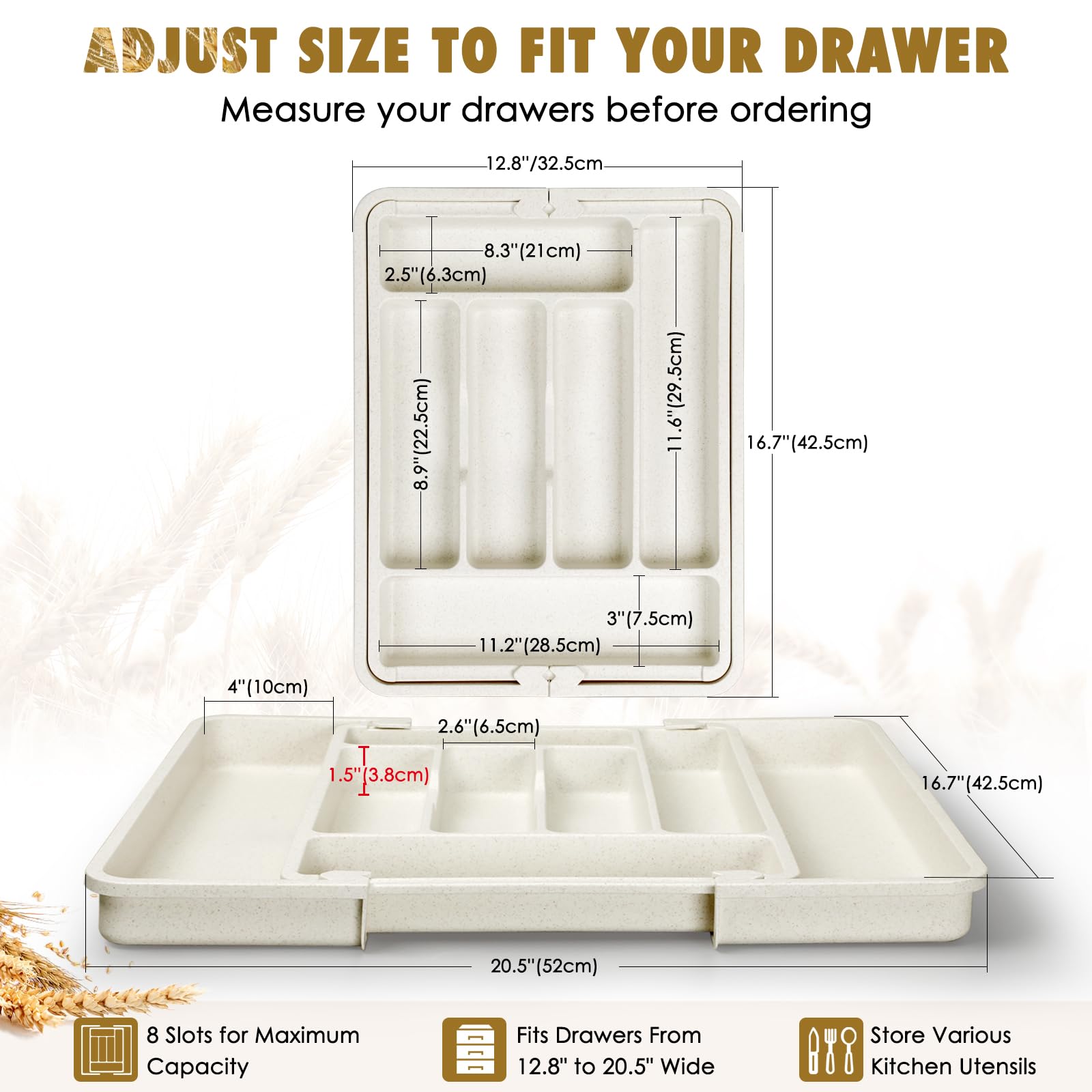 FANCILLA Organizador de cubiertos de paja de trigo para cajones de cocina, organizador de cajones de utensilios de cocina, organizador de cajones de cubiertos ajustable, bandeja apta para lavavajillas