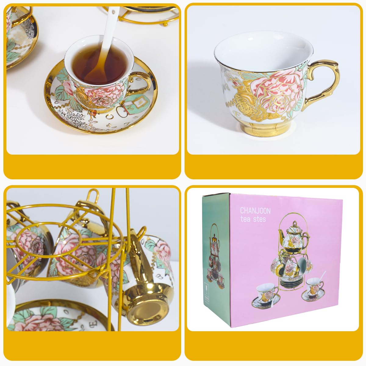 Gold Plated Red Rose Ceramic Tea SetS, Vintage Tea Set with Teapot, Beautiful Tea Set Coffee Serving 6 People (Gold, Medium)