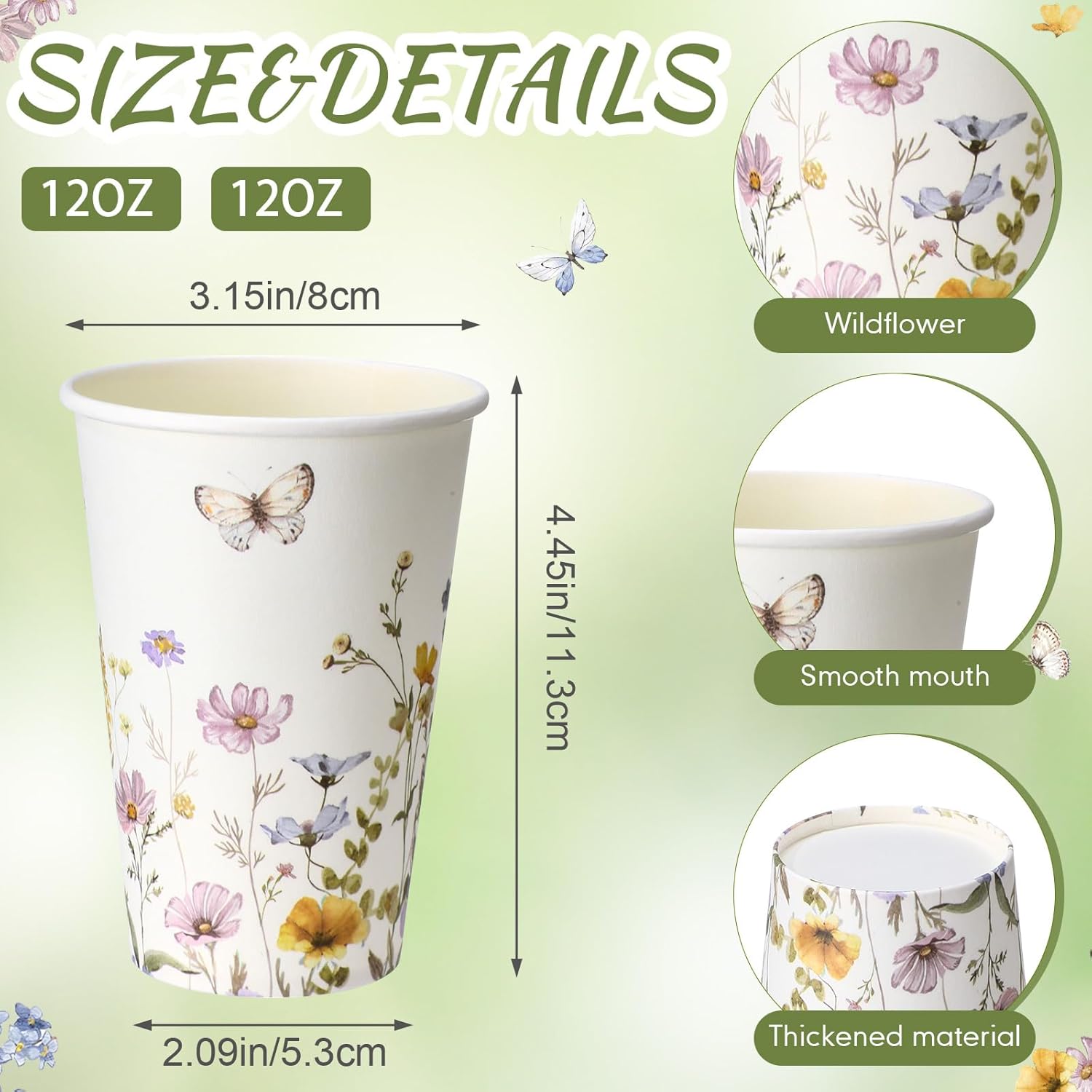 Tioncy 50 Pcs Spring Wildflower Butterfly 12 oz Disposable Paper Coffee Cups Flower Drinking Cups for Coffee Water Juice Espresso Hot and Cold Drinks Cocoa Cold Beverages Tea Party Supplies Decoration