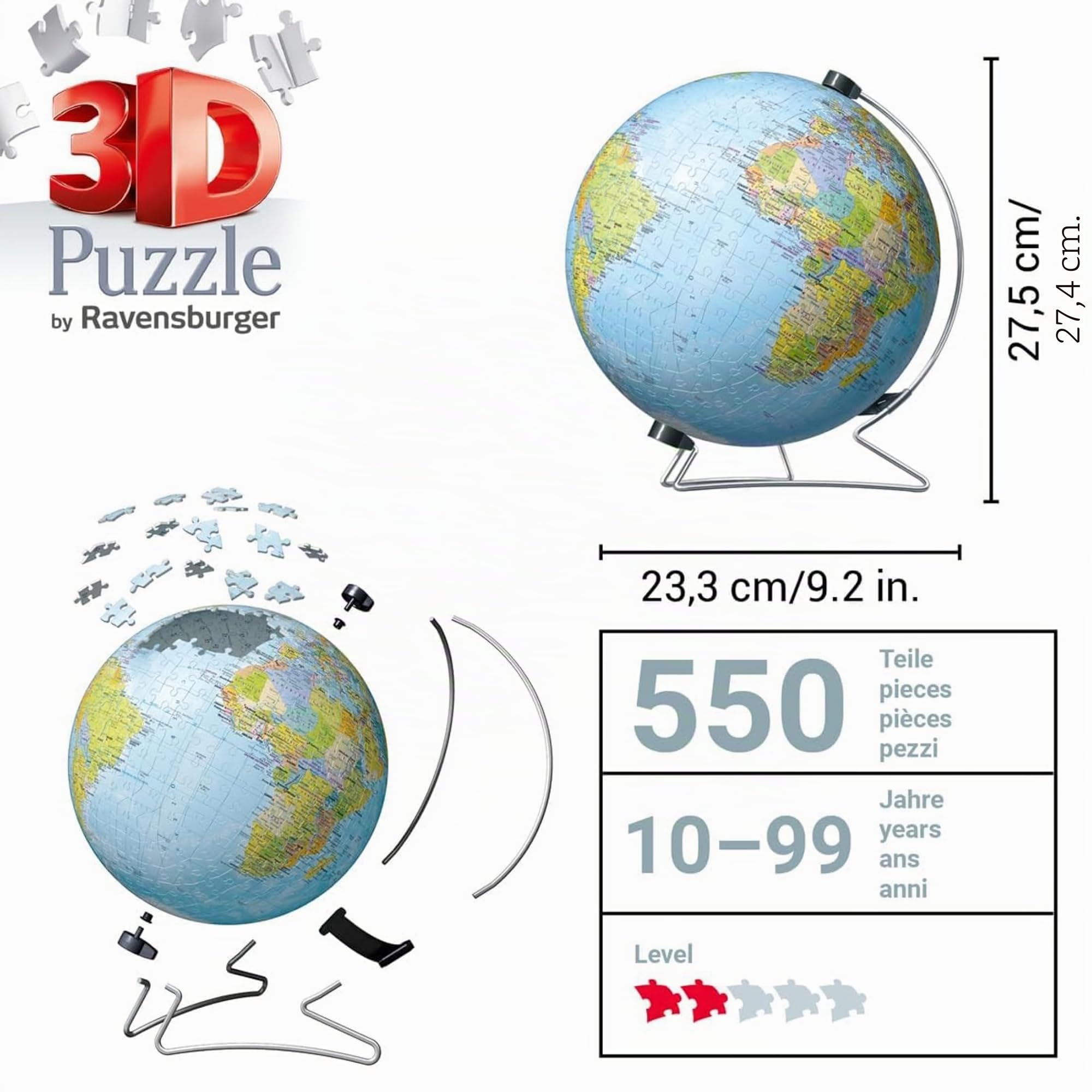 Ravensburger - Puzzle 3D Globo Terrestre 540 pezzi, Puzzle 10+ anni | Puzzle 3D Globo Terrestre da 540 pezzi, modello da montare per bambini dai 10 anni, ideale come regalo educativo e creativo.