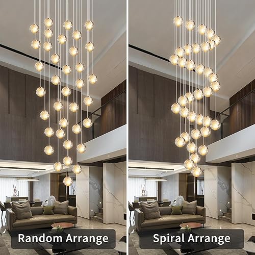 Miniatura 10 de KJLARS Lámpara de araña de cristal LED moderna lámpara colgante de gota de lluvia lámpara de techo de bola de cristal 26 luces para escalera sala de