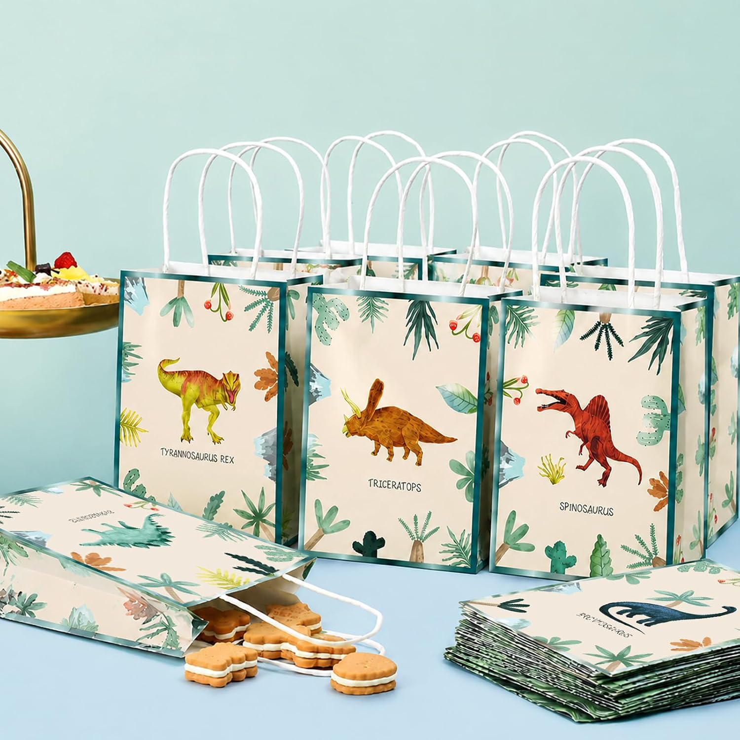 24 PCS Dinosaur Theme Party Gift Bags Dino Paper Favor Bags with Handles image 4