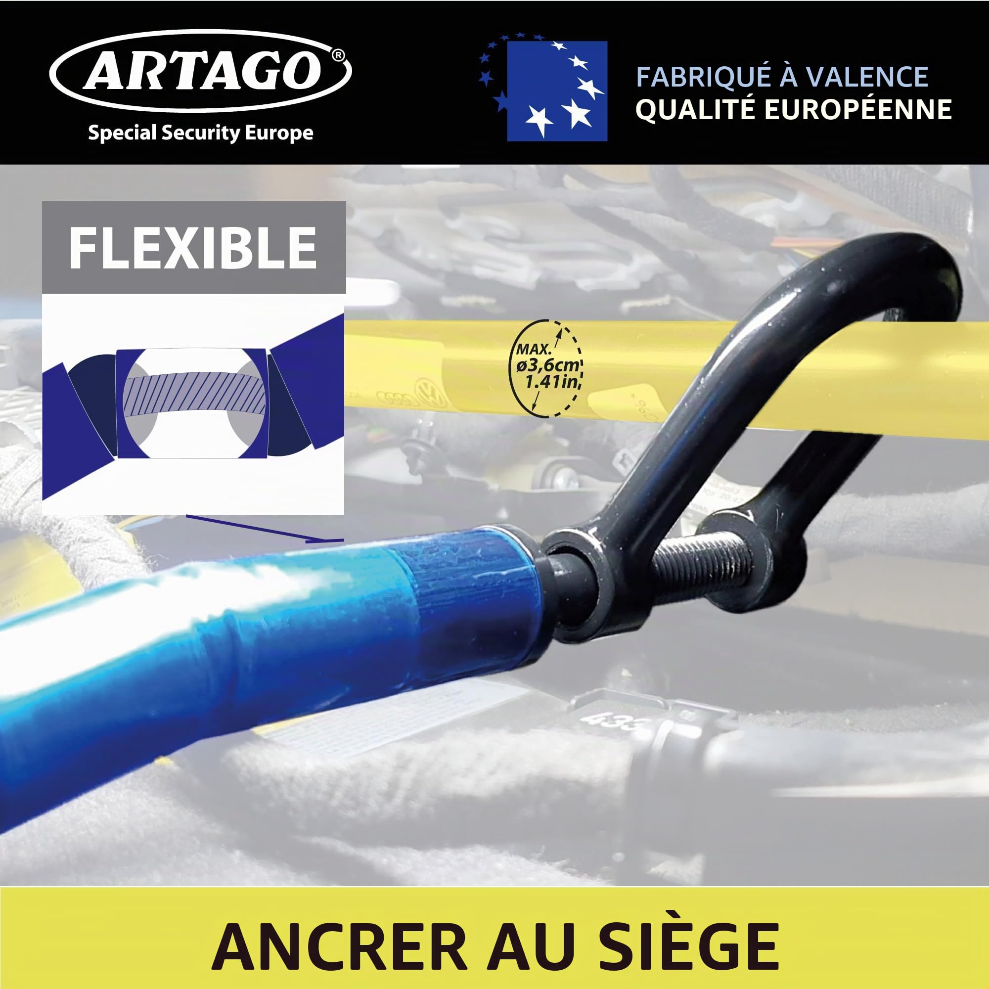 Artago 582/B Antivol Voiture Volant Siege Flexible, Plus Pratique, Câble d'Acier Blindé Articulé, Serrure a Disque Bloc Canne Barre Anti Vol a Clef, Universelle pour Bloque Auto, Camping Car, Van