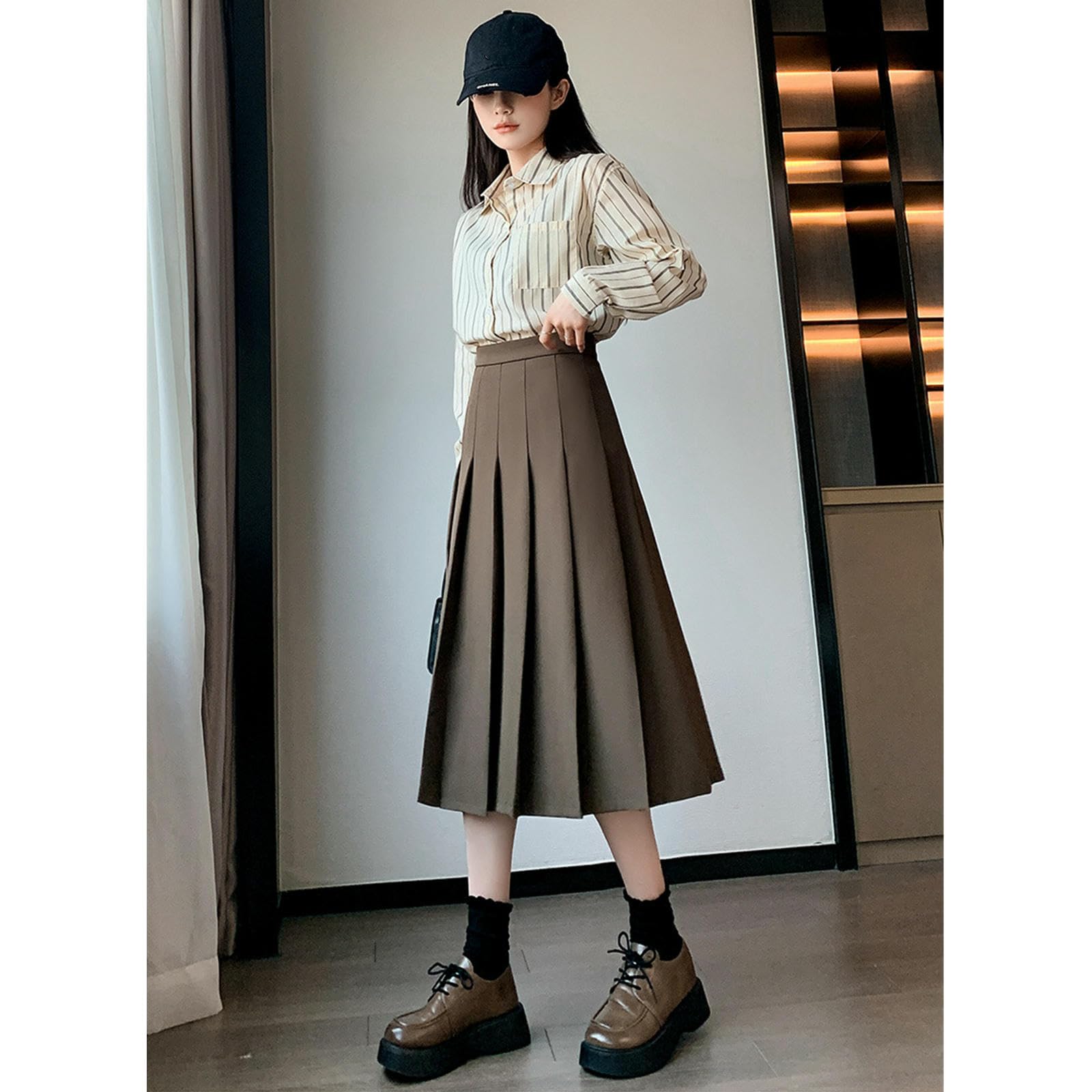 Rock Damen-Retro-Herbst Winter-Loser, Hoch Taillierter A-Linien-Anzug, Mittellanger Faltenrock-kaffeefarbe-XXL