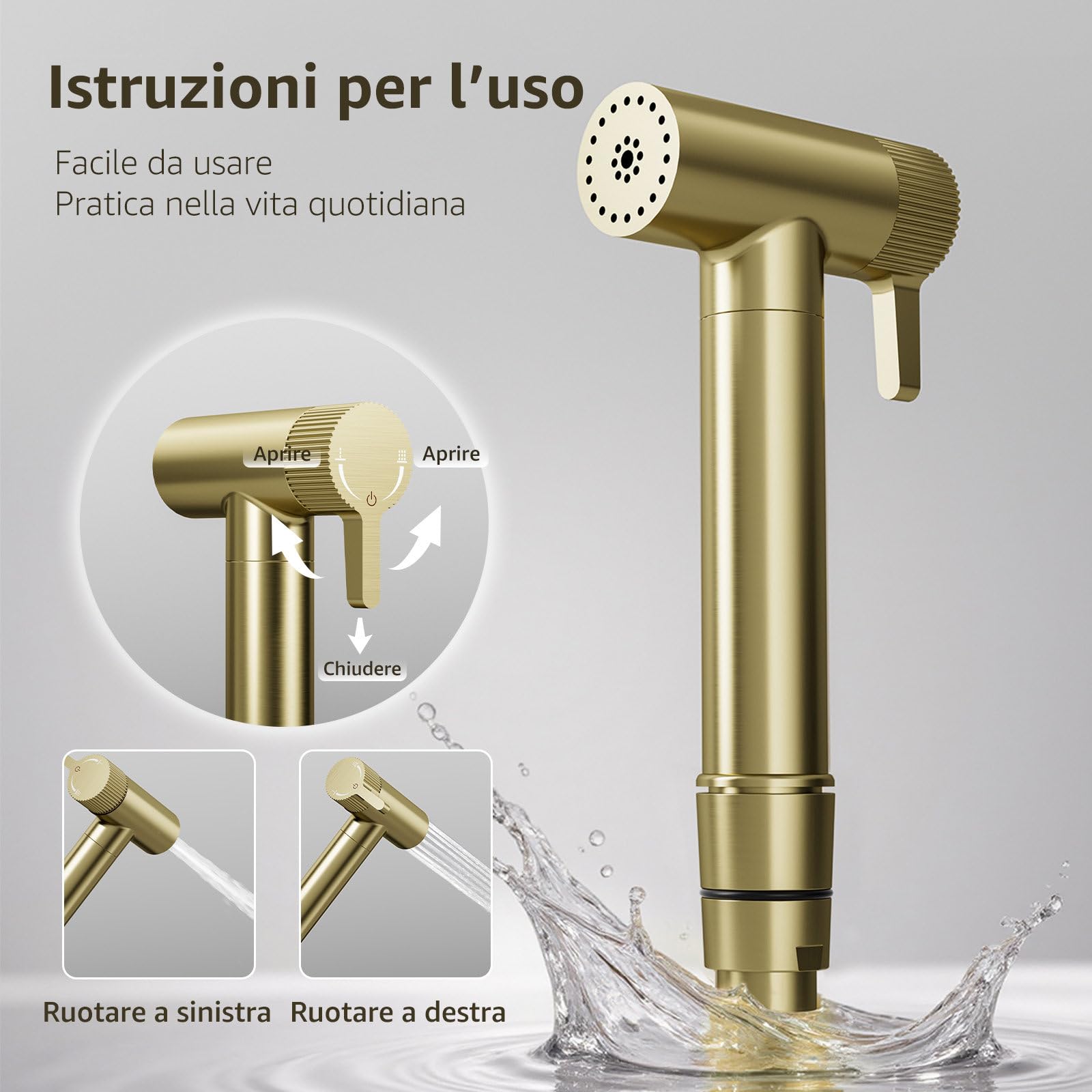 Doccetta per Bidet, 2 Modo de Agua Doccia Bidet, Non c'è Bisogno di Premere, Doccino per Bidet con Supporto e Tubo Flessibile, Adatto per L’igiene Personale/Pulizia del Bagno, Ottone