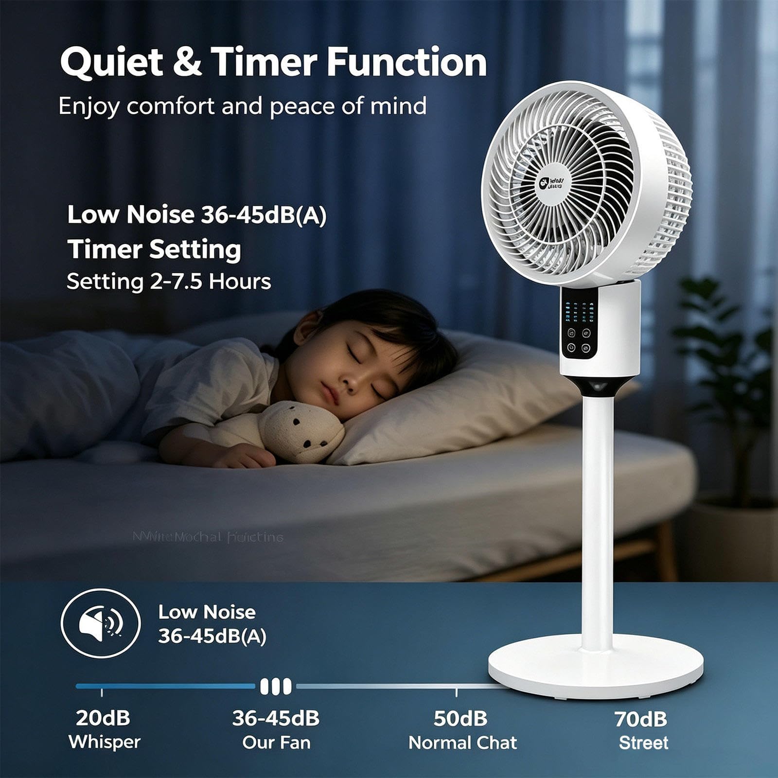 Ventilatore Rinfrescante 3 Velocità, Timer, Altezza Regolabile, Diffusione ad Ampio Angolo, con Telecomando Utilizzabile su Scrivania e Pavimento