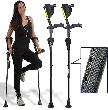 Ergobaum 7G Black Mamba Forearm Crutches for Adults 1 Pair-2 Units Ergonomic, Foldable with Shock Absorption, LED Light & Knee Rest | Adjustable 566", Supports 360 lbs | Real Carbon Fiber